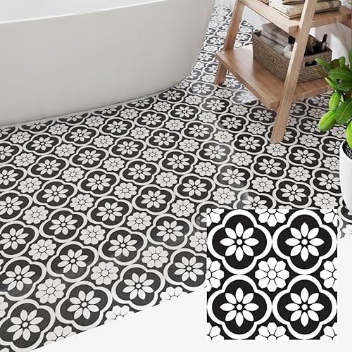 Peel and Stick Floor Tile 30-Pcs Cover 30 Sq.Ft, Vinyl Flooring Tiles 12” x 12” Matte Self Adhesive Flooring Stickers Waterproof Removable for Renter, Bathroom Living Room, Black Flower