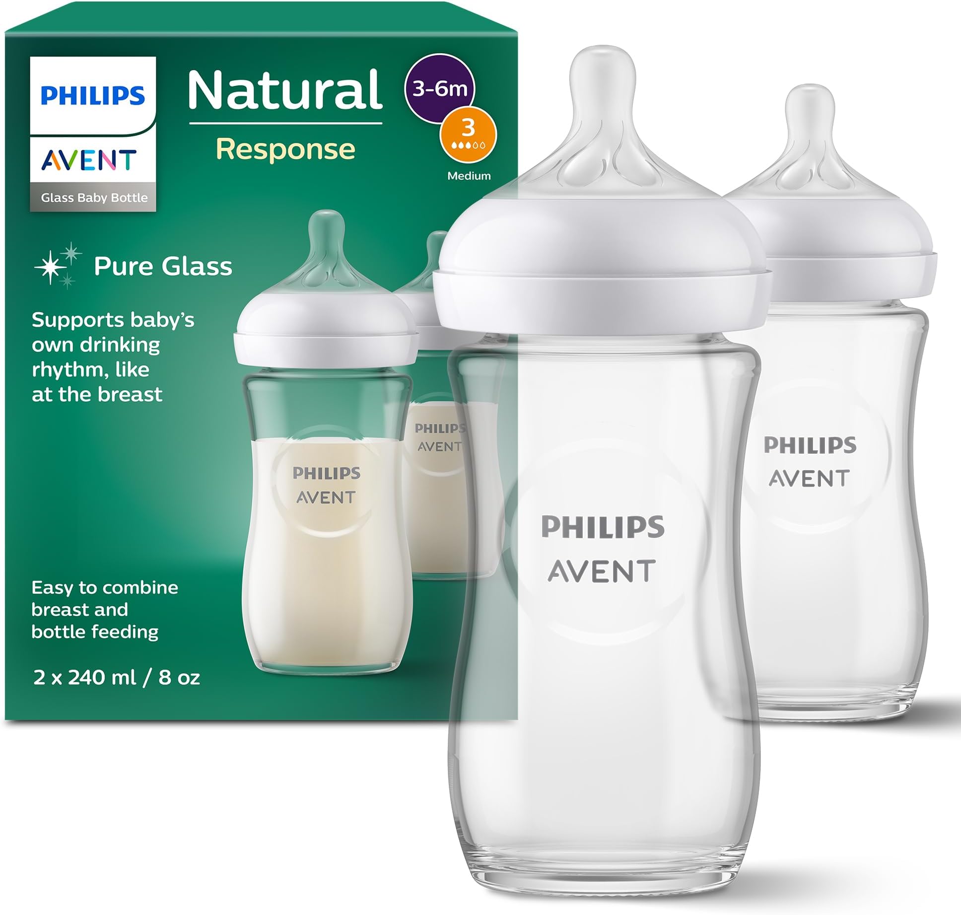 Philips Avent Natural Response Glass Baby Bottles 8oz/240 ml with Medium Flow Teats (Flow 3), 2 Pack, SCY933/02
