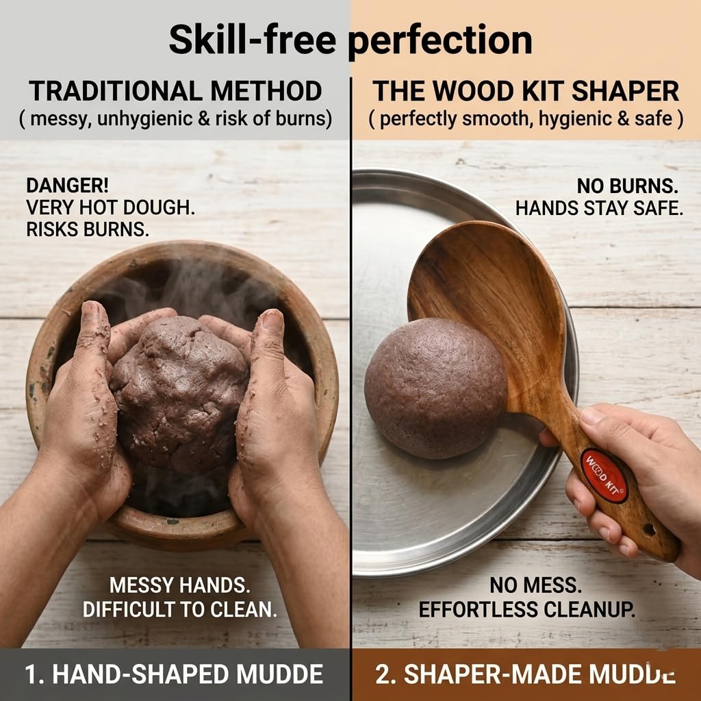 WoodKit Neem Wood Ragi Mudde Shaper | Traditional Ragi Sangati Maker & Millet Ball Ladle | Heat Resistant & Ergonomic 10" Design | Eco-Friendly, Non-Toxic & Antibacterial Brown 24.5 cm 4