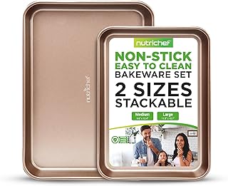NutriChef 2-Piece Premium Nonstick Cookie Sheets for Baking - Slick Carbon Steel Baking Sheet Set w/ Raised Edges for Roas...