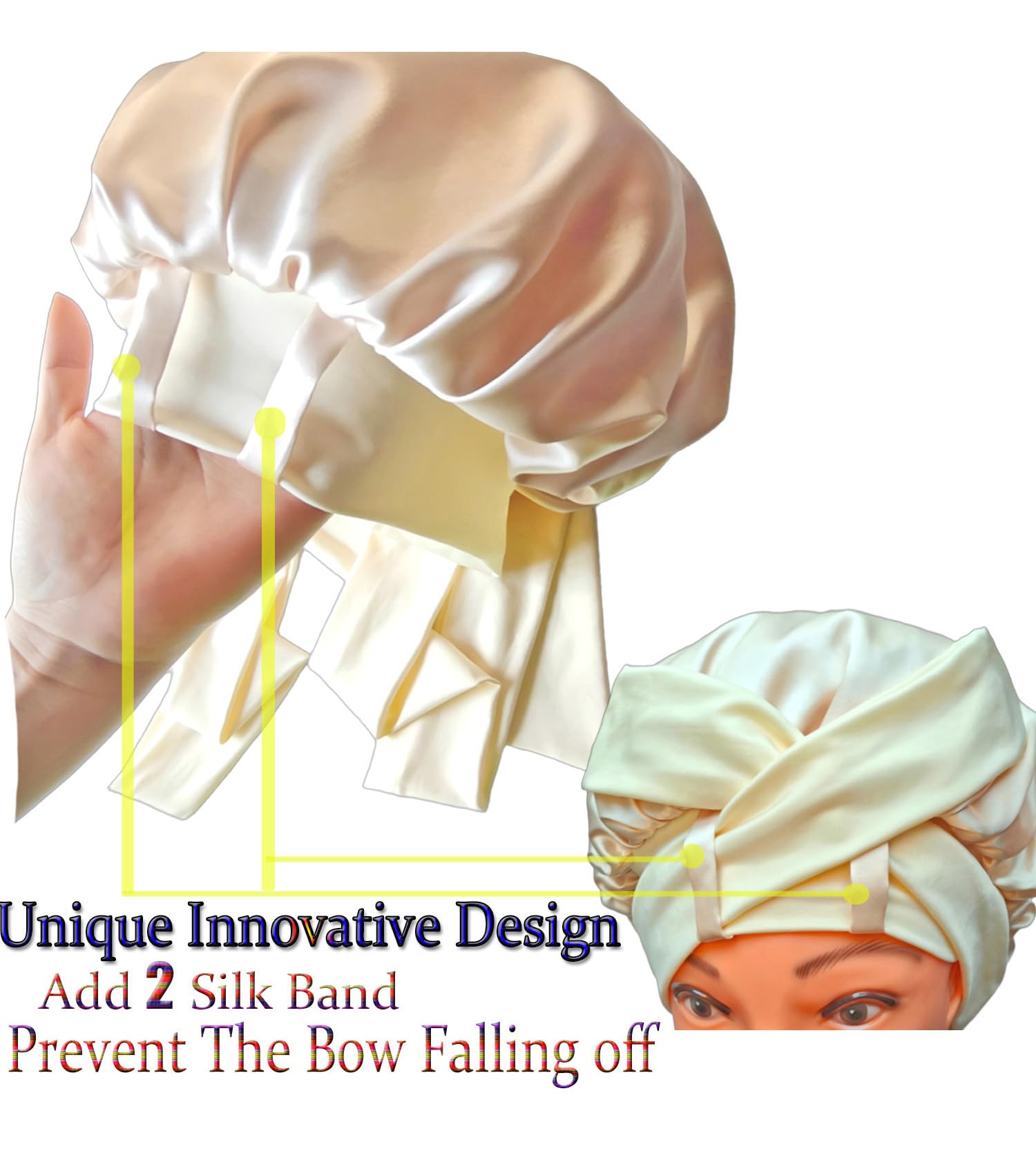 FZHGVML Silk Hair Bonnet for Sleeping with Tie Double-Sided Satin Silk Bonnet for Women & Girls Curly Hair Care - Image 2