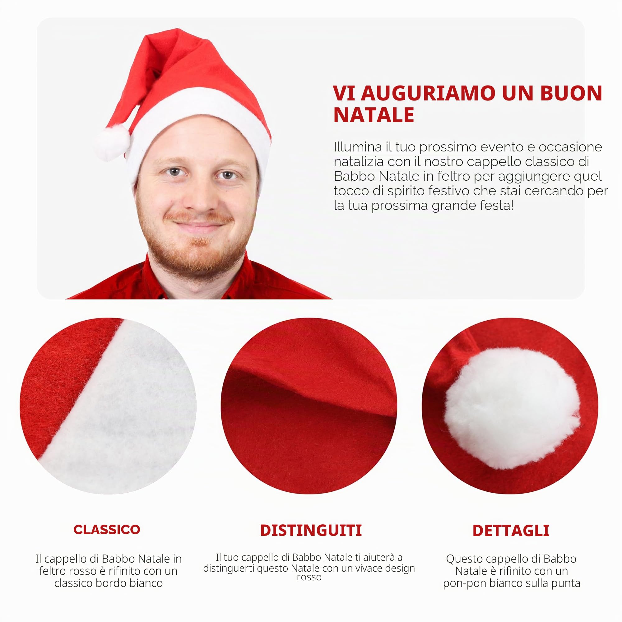 Cappello da Babbo Natale per adulti, in feltro rosso, con bordo bianco, accessorio per travestimento da Babbo Natale, confezione da 100 pezzi