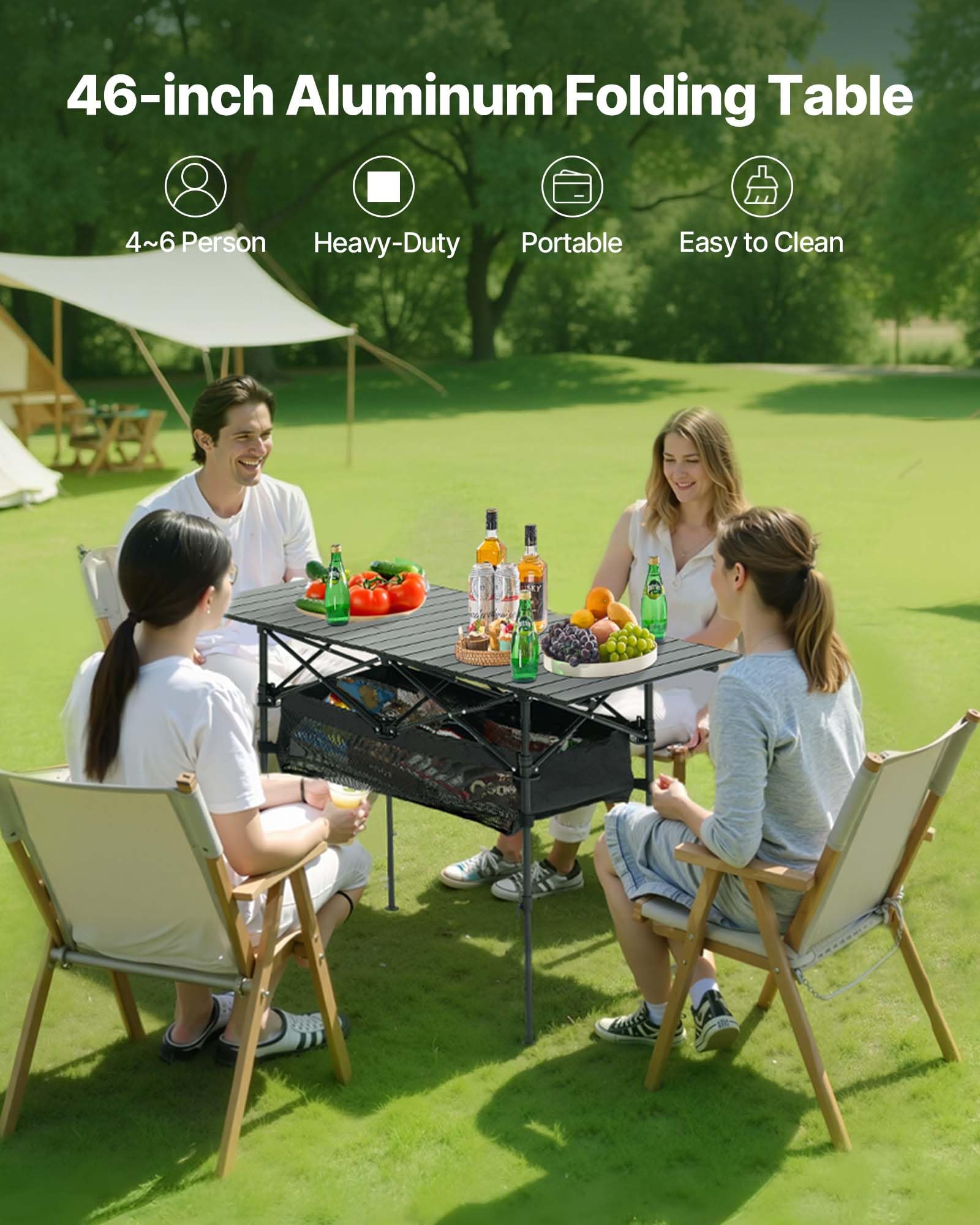 VEVOR Mesa de Camping Plegable Portátil Enrollable, Aluminio, con Altura Ajustable, Bolsa de Almacenamiento Grande y de Transporte, para Barbacoas, Picnics, Viajes, 1200 x 550 x 500 mm, Negro