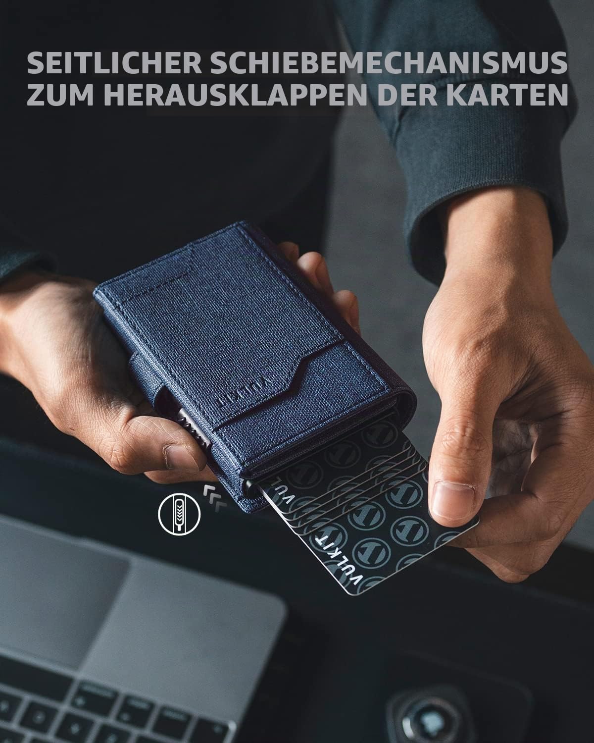 VULKIT Airtag Geldbörse Herren mit Ausweisfenster Kartenetui Herren mit Geldscheinfach Kreditkartenetui RFID Schutz mit Airtag Schlüsselanhänger, Navy Blau