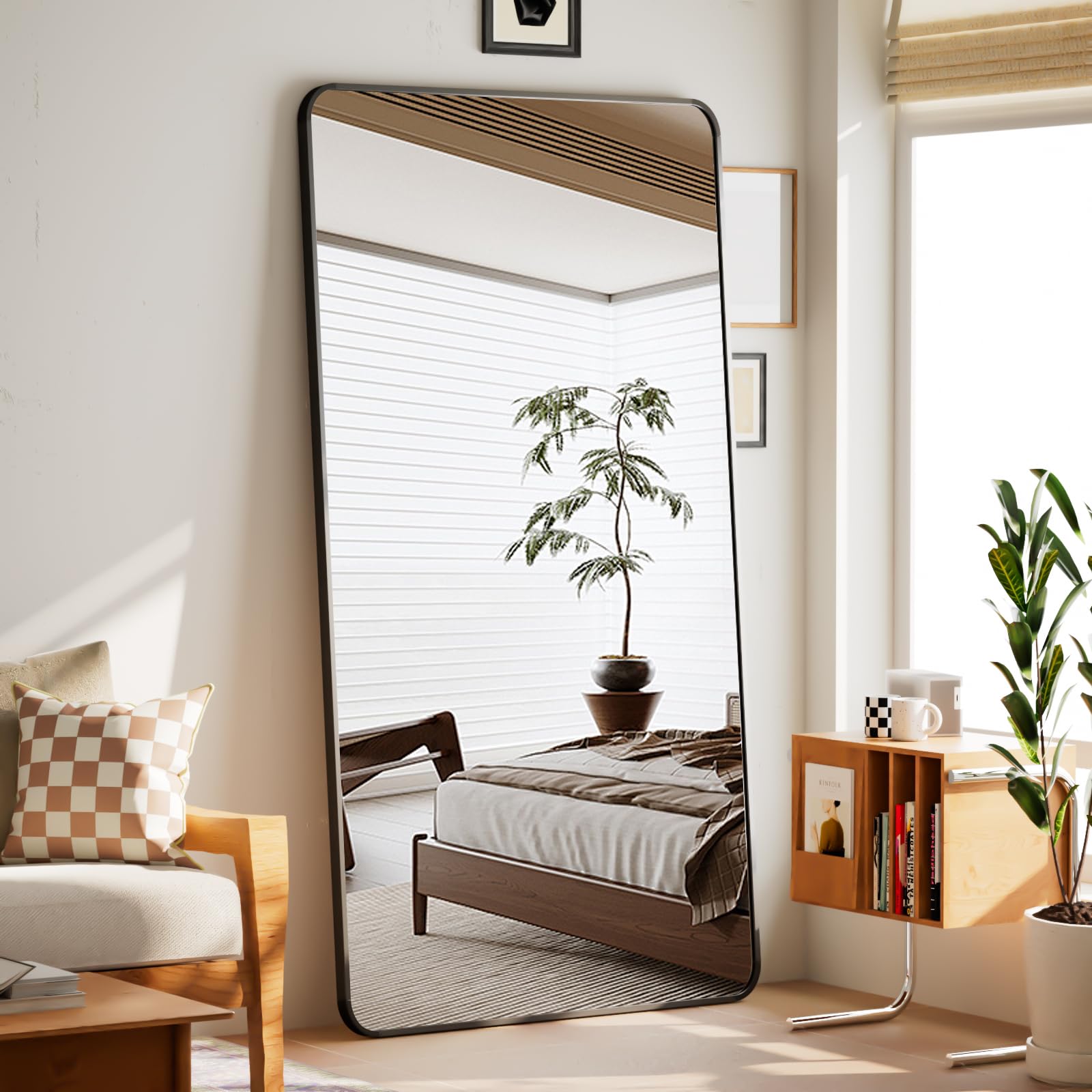 BEAUTYPEAK Black Full Length Mirror, 56"x21" Rounded Corner Floor Mirror Standing Hanging or Leaning Against Wall, Suitable for Bedroom or Dressing Room: 71"L x 32"W Black
