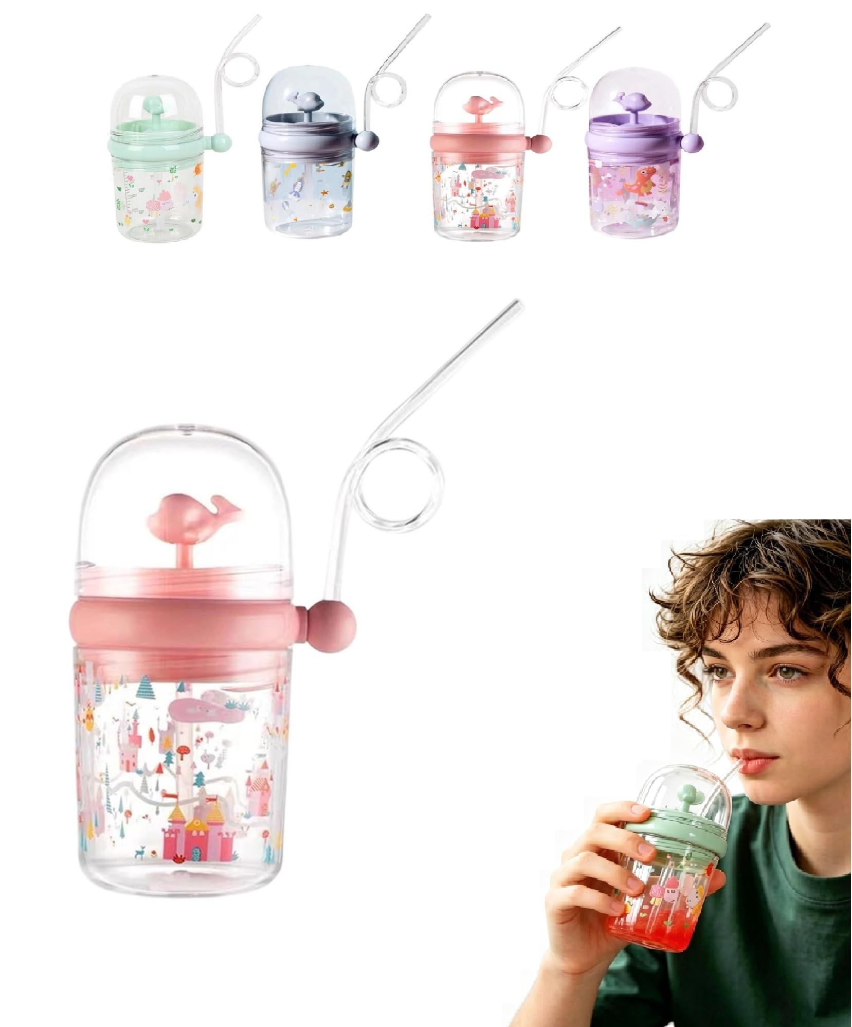 Whale Sippy Cup, 260ml Cute Whale Fountain Tumbler, Leak Proof Reusable Water Bottle with Straw for Party, School, Beach. (Color-D)