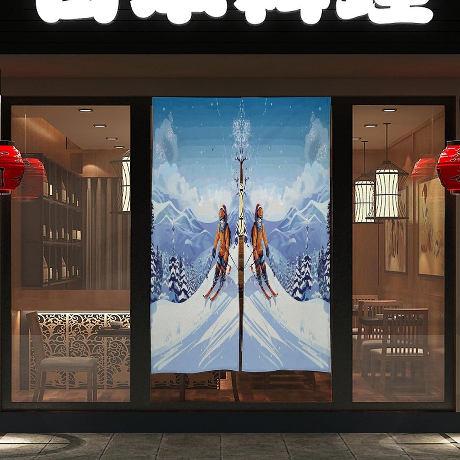 Winter Skiing Door Curtain Printed Doorway Noren Japanese Style Doorway Room Divider Curtains for Privacy Partition Divider Kitchen Home Decorations Wall Hanging