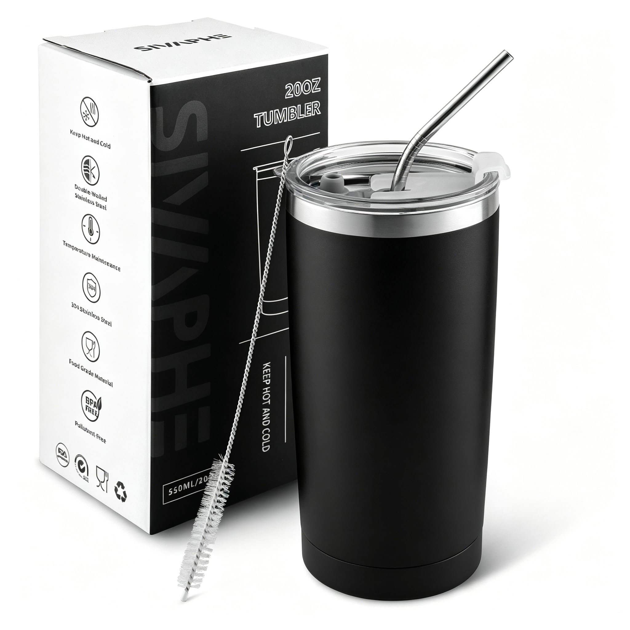 Sivaphe Travel Mug with Straw, Insulated Beer Drinking Glasses Tumbler Stainless Steel Men Camping Coffee Cup Double Wall Vacuum Stemless 20OZ / 550ML Black โ image 1