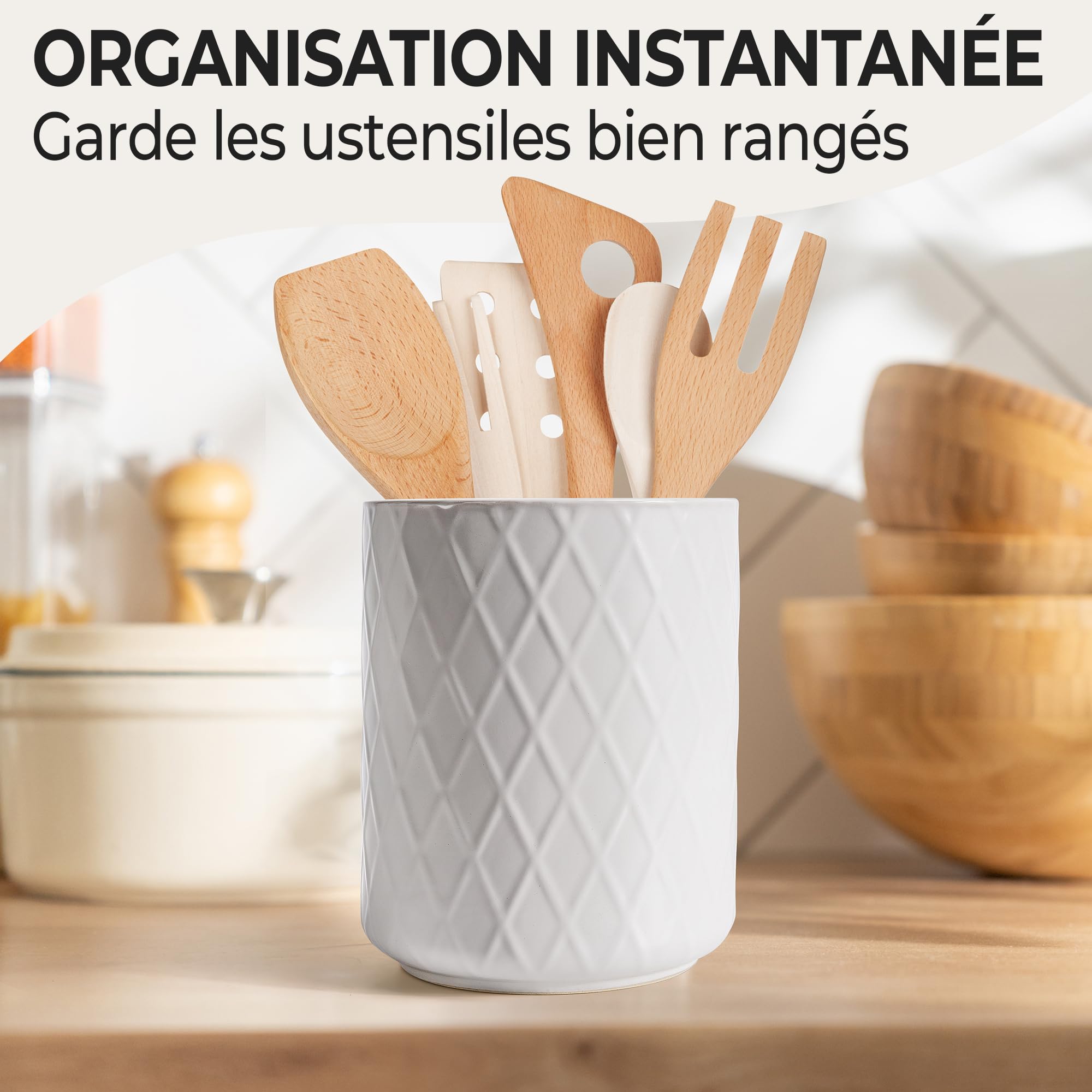 MIAMIO – Support d'Ustensiles de Cuisine en Céramique / Ensemble Organisateur de Cuisine, Décoration de Ferme pour l'Organisation du Comptoir et le Rangement des Couverts, Cuillères (Blanc)