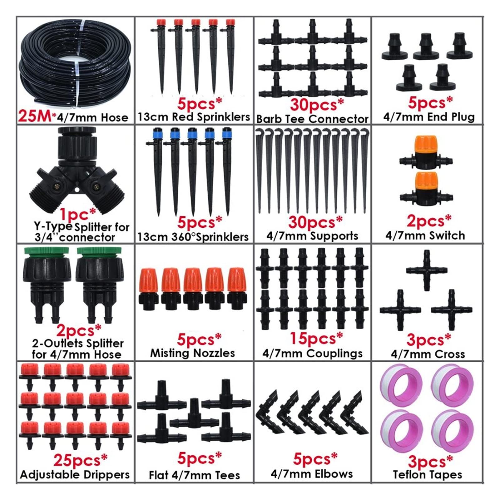 Zestaw do nawadniania kropelkowego 5-50 m DIY Micro Drip System nawadniania 4/7 mm Automatyczny nawadnianie roślin 8/4/2 Outlet Diverter Garden Hose Kit Regulowany Dripper (Kolor: KSL01-KIT290-25M)