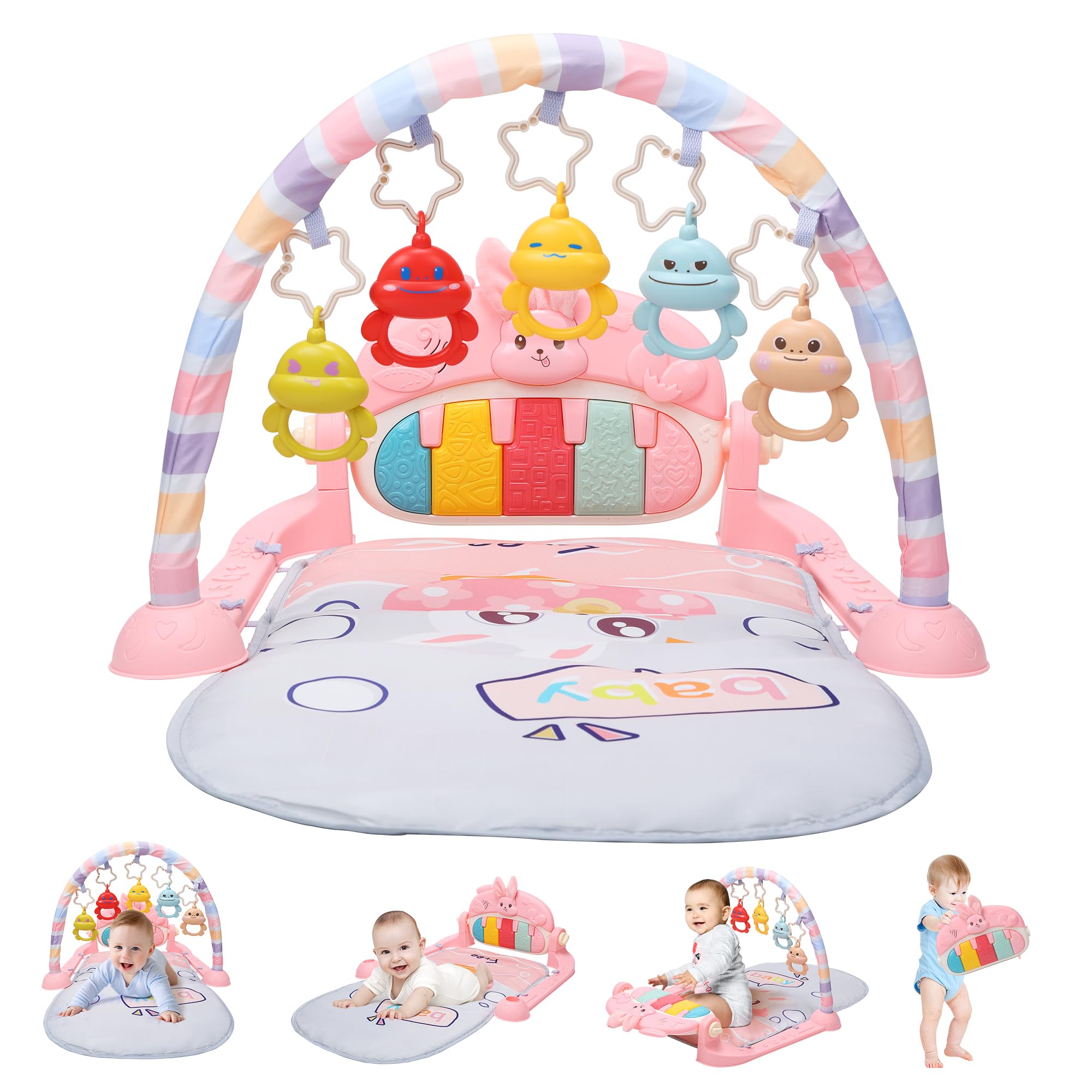 CUTE STONE Gimnasio bebe, alfombra de juegos bebe con piano, tummy time bebe，juguete colgante y juego para poner boca abajo, 5 juguetes sensoriales gimnasio bebe 0-6 mese