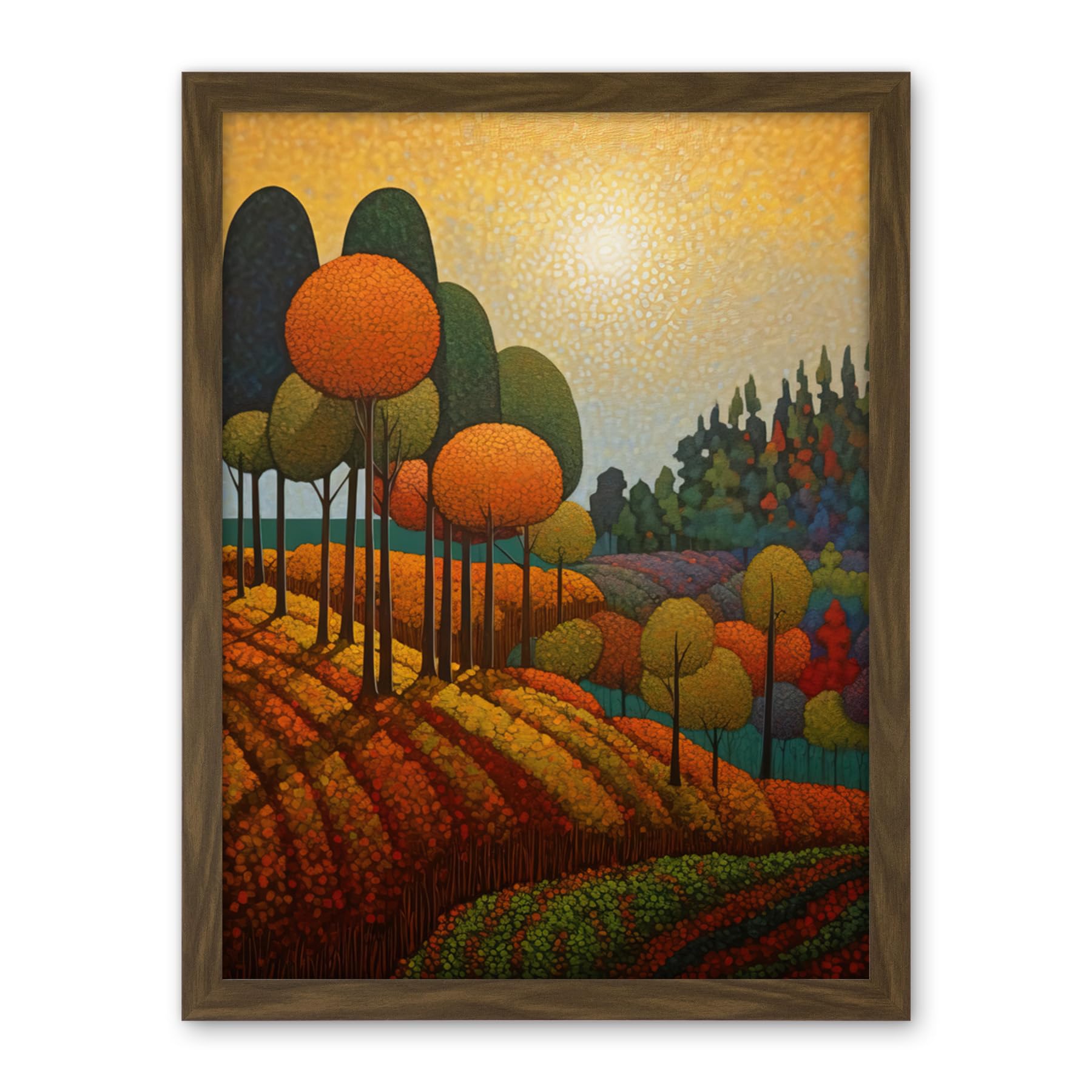 Artery8 Autumn Fields Pointillism Painting Amber Orange Green Countryside Landscape Artwork Framed Wall Art Print 18X24 Inch