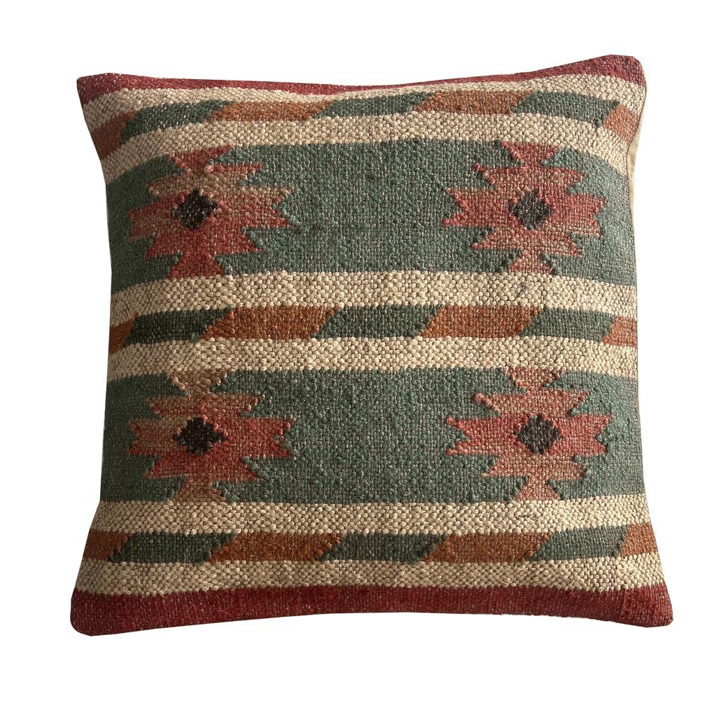 Kilim Pillow Cover Vintage Square Cushion Handwoven Pillow Case Ethnic Pillow Cover 18 X 18 Indian Jute Decorative Pillow Home Decor Pillows (Pattern 20)