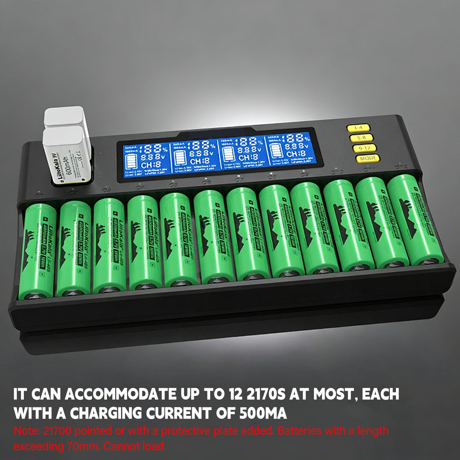 Akku Ladegerät Universal 12 Fach, Ladegerät Batterien mit LCD Anzeige für AA, AAA, 9V NI-MH/NI-CD, Li-ion-3.70V/3.80V/3.20V, 12-Ladeplatz, Universal Schnell Batterieladegerät (Schwarz)