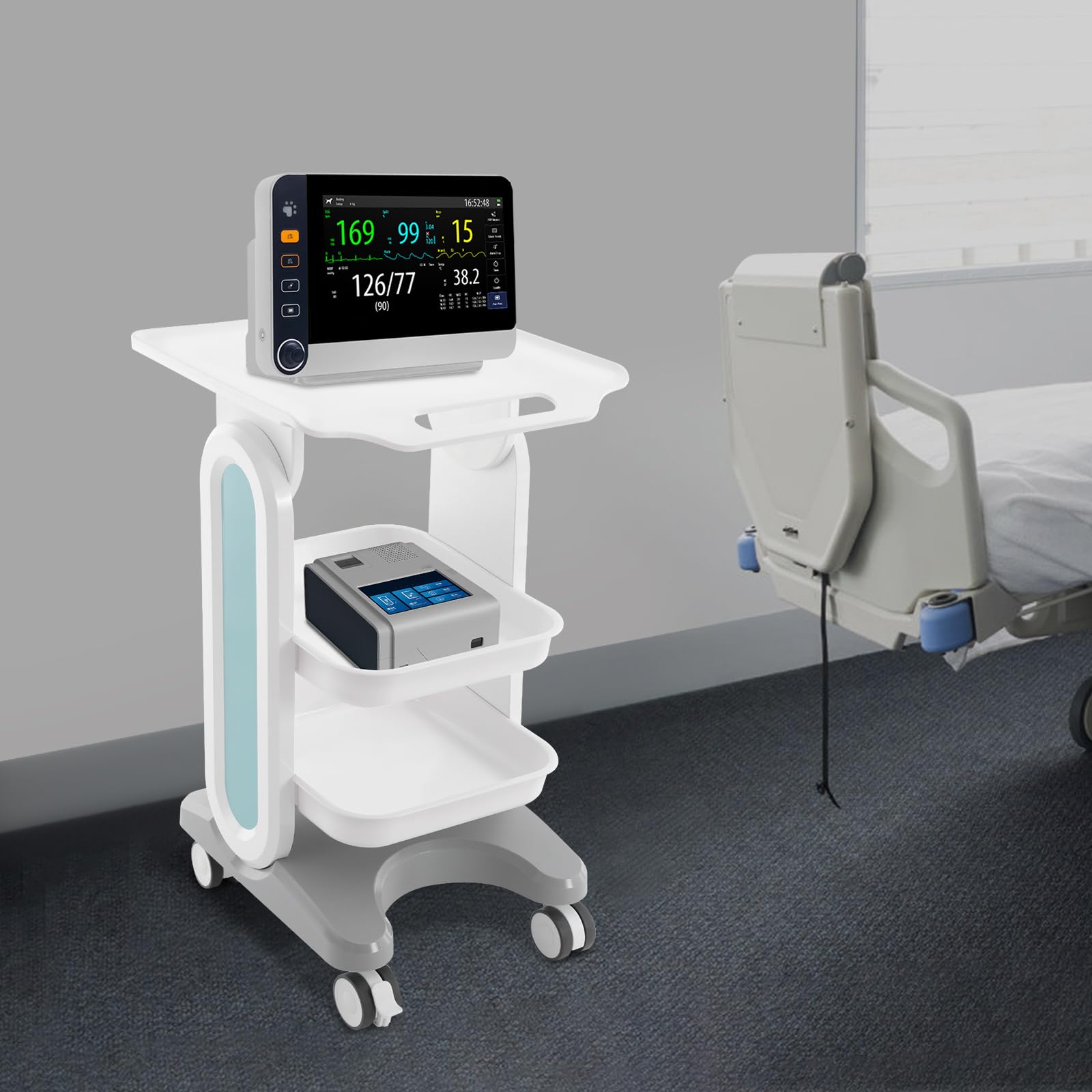 Chariot médical - Chariot de laboratoire à 3 niveaux avec 2 tiroirs - Chariot de rangement médical mobile pour hôpitaux, salons de beauté, spas (blanc vert)