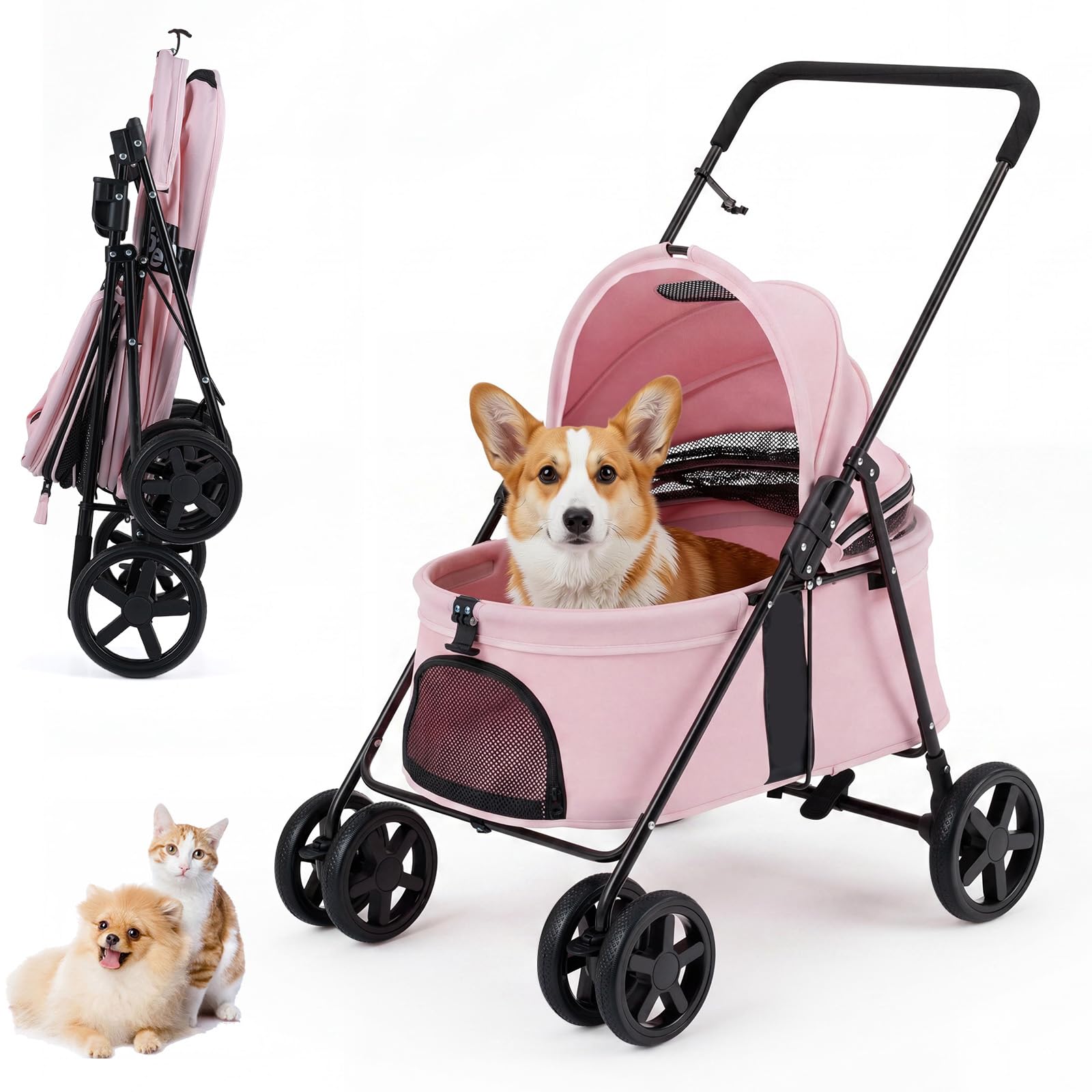 COSTWAY Pet Stroller, Foldable Dog Pushchair with 360°Swivel Wheels (Pink)