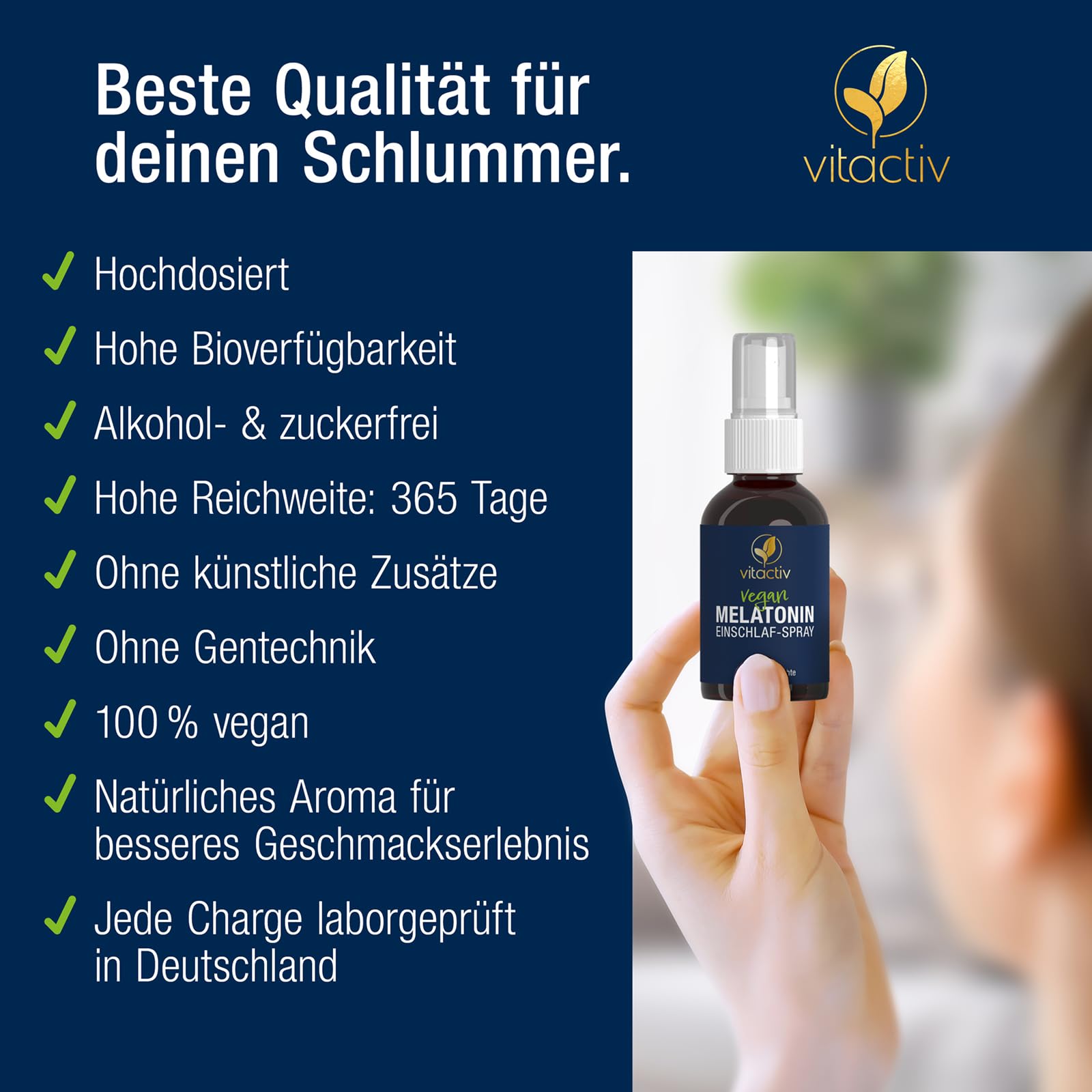 VITACTIV Melatonin Einschlafspray - Gemischte Früchte - 1155 Tage Vorrat, Hochdosiert - Melatonin Spray plus Passionsblumen Extrakt, Vitamine B1 und B6 - Zuckerfrei & Vegan - 150ml Sofort-Spray