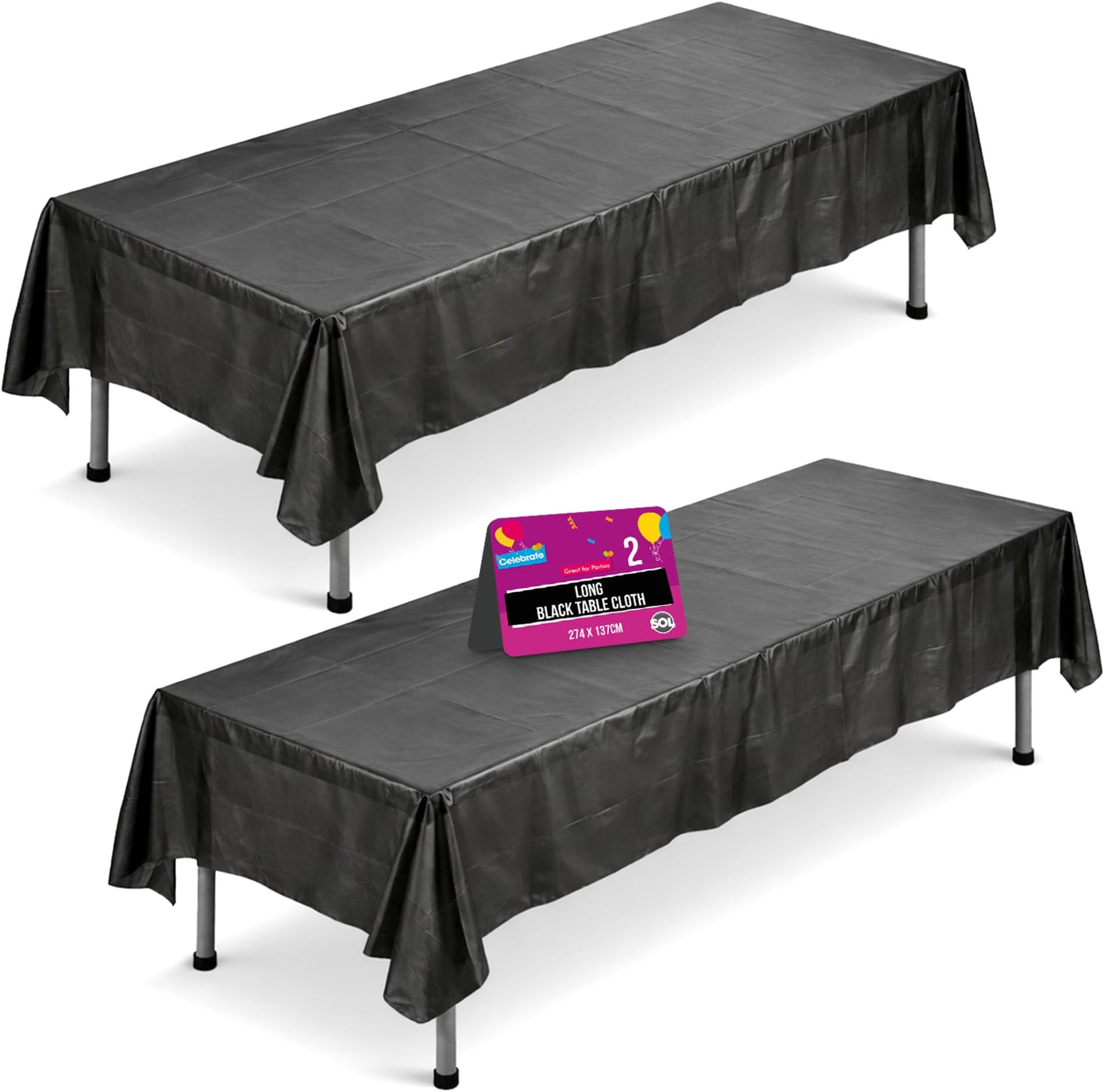 SOL 2pk Long Black Table Cloth Party 274x137cm Rectangular Large Disposable Plastic Cover. Heavy Duty Spill Protection: Opaque Design for Halloween, Graduation, Birthdays, Weddings, Buffets Catering