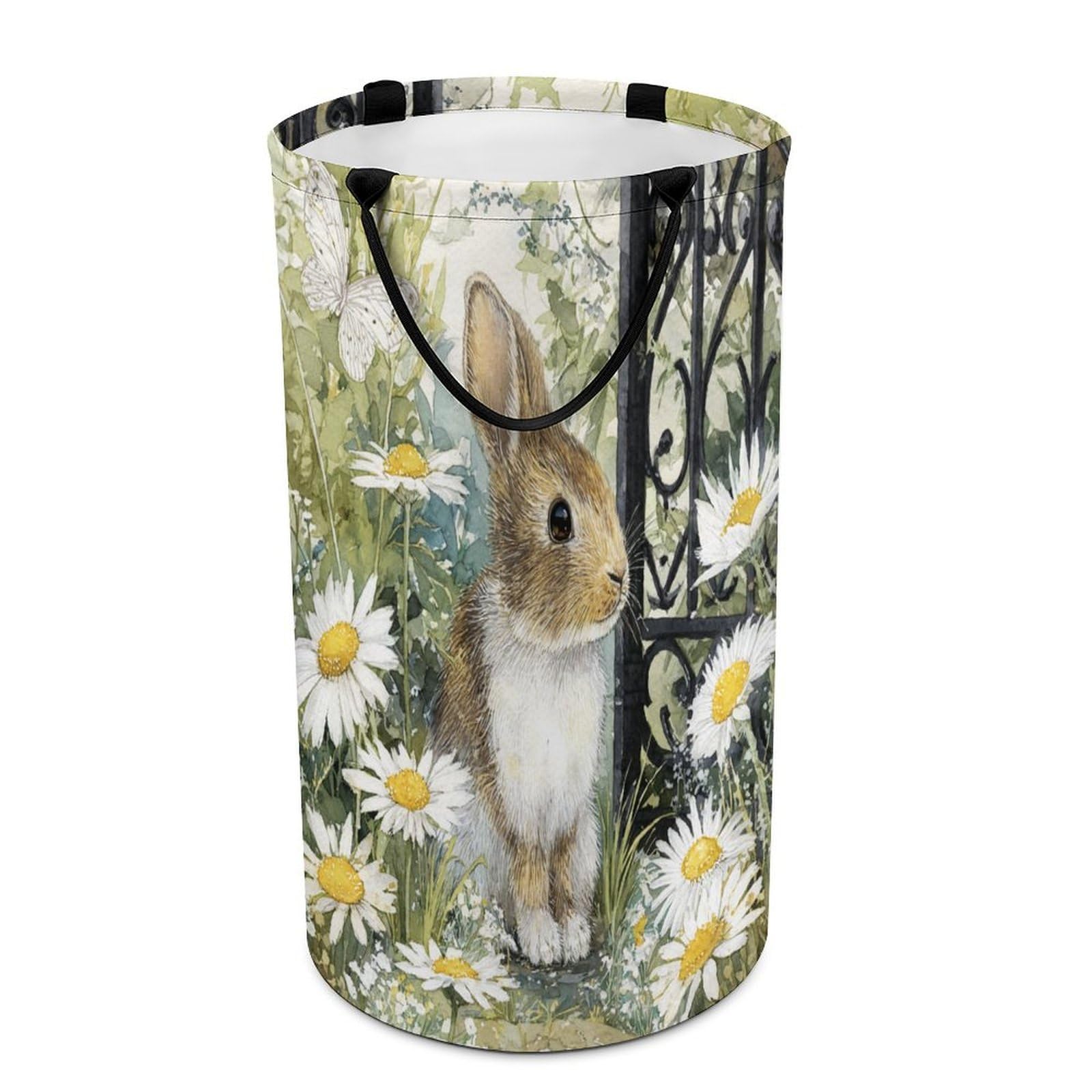 LUYYSKY Funny Realistic Cute Rabbits Collapsible Dirty Clothes Basket, Mid Century Rustic Spring Garden Daisies Flowers Animal Bunny Portable Clothes Storage Basket
