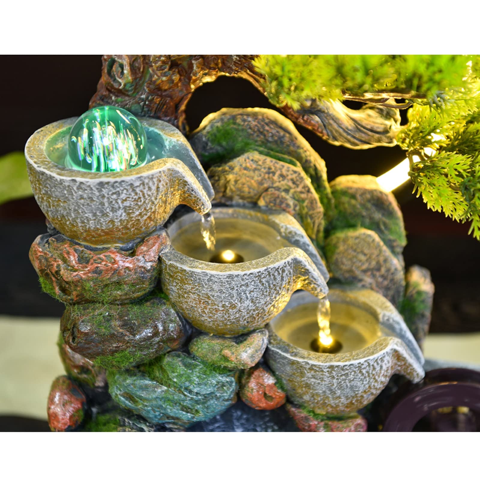 Indoor Fountain Waterfall Indoor-Tischbrunnen-Wasserfall Zen-Meditation Indoor-Wasserfall-Funktion mit automatischer Pumpe, künstlichem Baum und beleuchtetem Wasserfall Desktop Small Fountain(M)