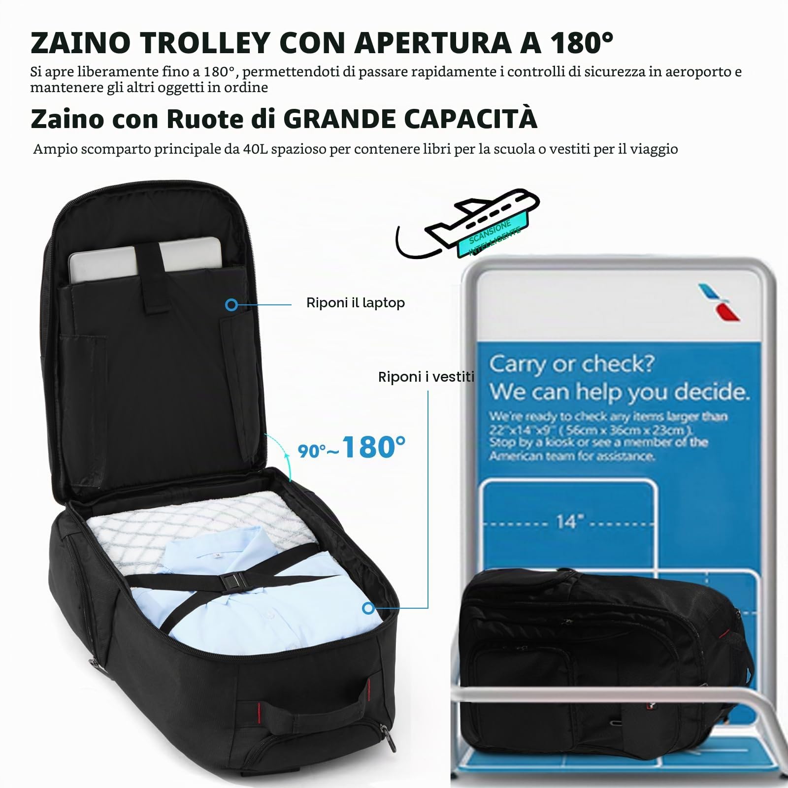 Zaino con ruote, trolley da 17,3 pollici, borsa da viaggio con ruote, grande zaino per uomo lavoro, college, Nero