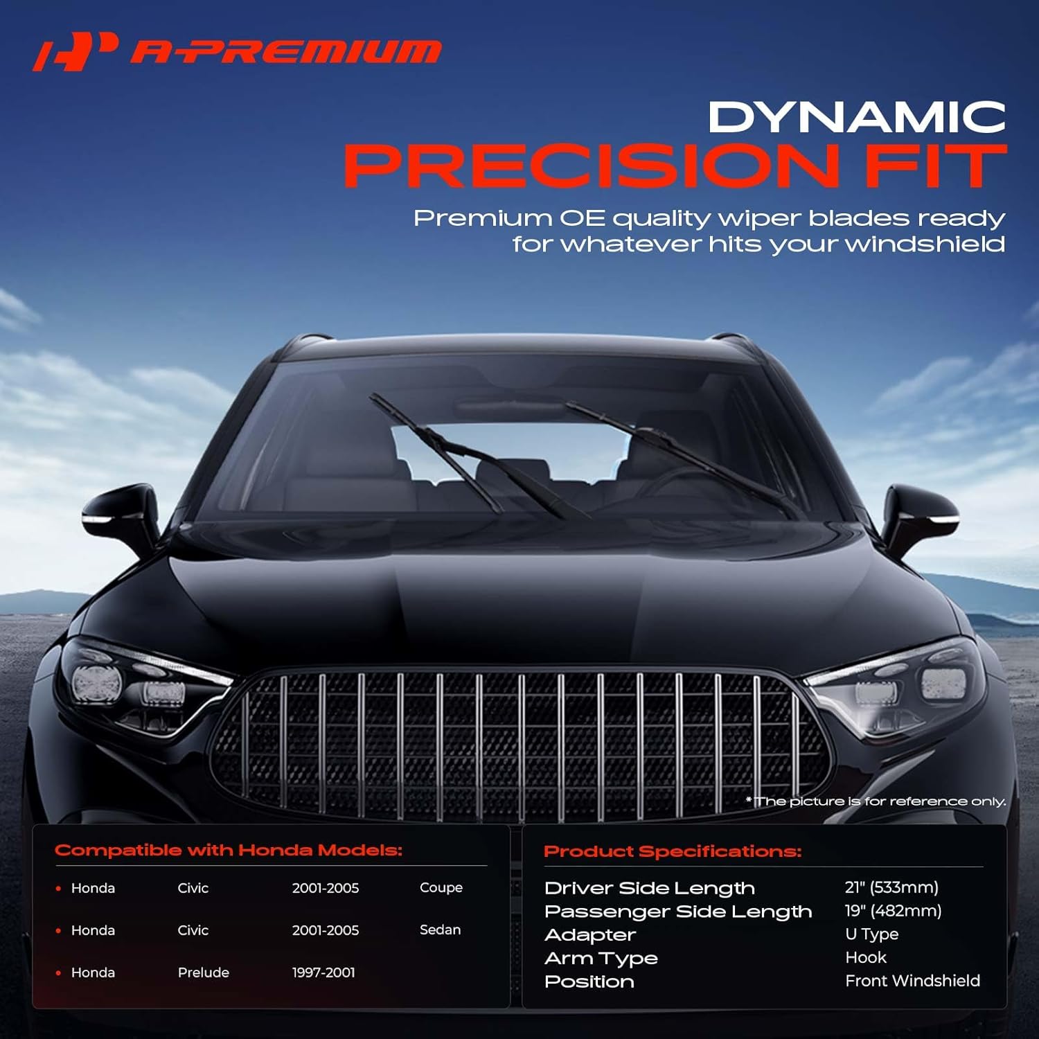 A-Premium 21" + 19" Windshield Wiper Blades Compatible with Honda Civic 2001-2005 Coupe/Sedan, Prelude 1997-2001 - Hook Connector, with Wear Indicator & Towel, Left and Right (Pack of 2)