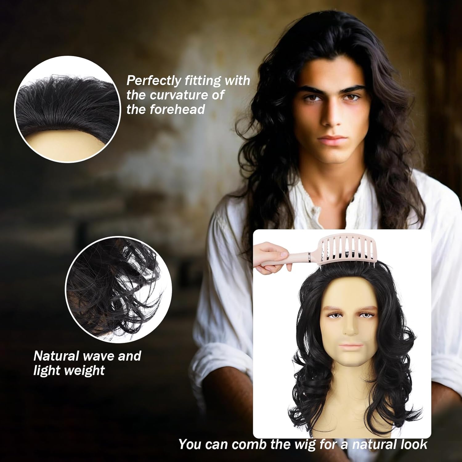 Guree Hair Mens Wig Long Curly Wavy Black Wigs for Men Heat Resistant Synthetic Male Wig for Daily Party Cosplay Costume Halloween Use (Black) - Image 4