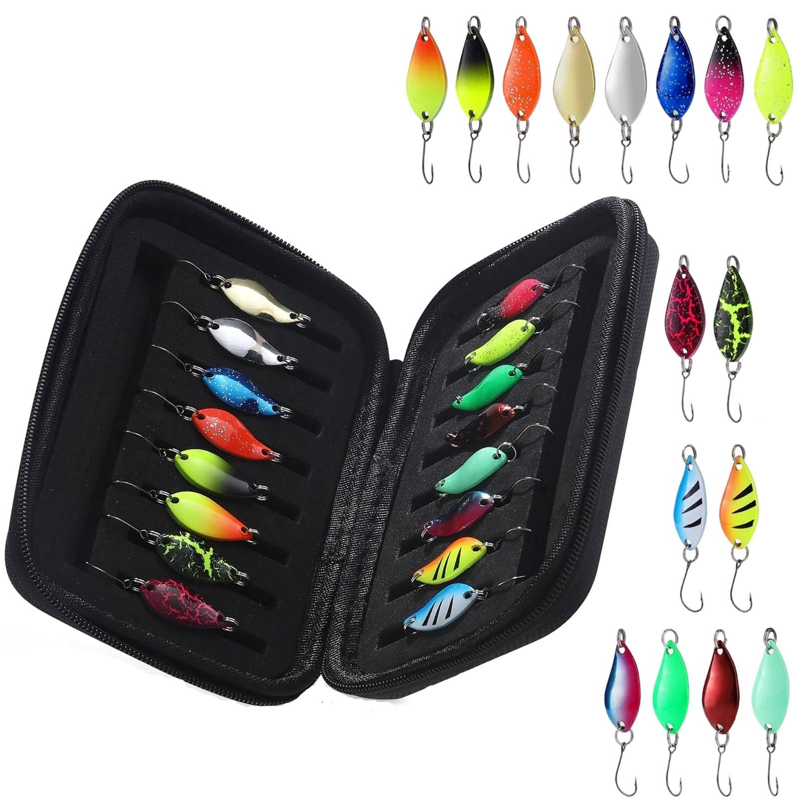16 Pcs Fishing Lures Set, 2.5g/3.5g/5g Artificial Fishing Lures,Fishing Spinners Kit Hard Metal Baits Single Hook with Plastic Box for Trout, Char Pike and Perch Fishing Accessories