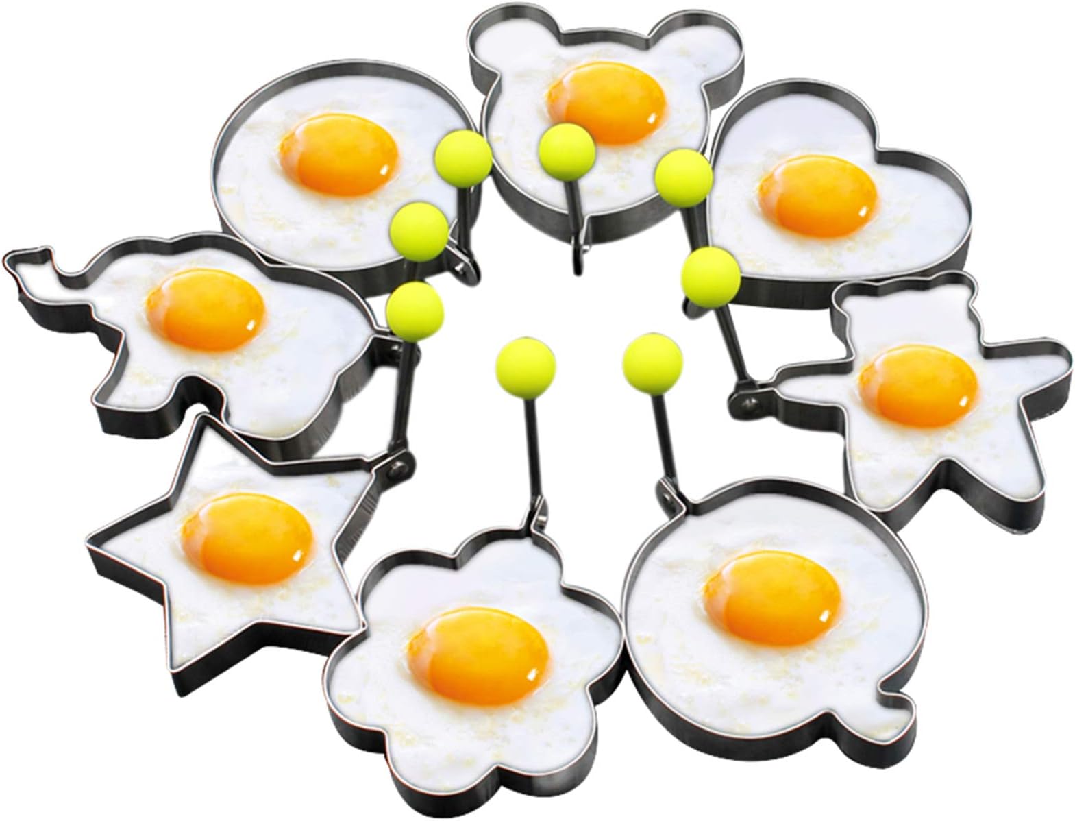 8pcs Set Fried Egg Rings Molds Non Stick for Griddle Pan, Egg Shaper Pancake Maker with Handle, Stainless Steel Egg Form for Frying Cooking