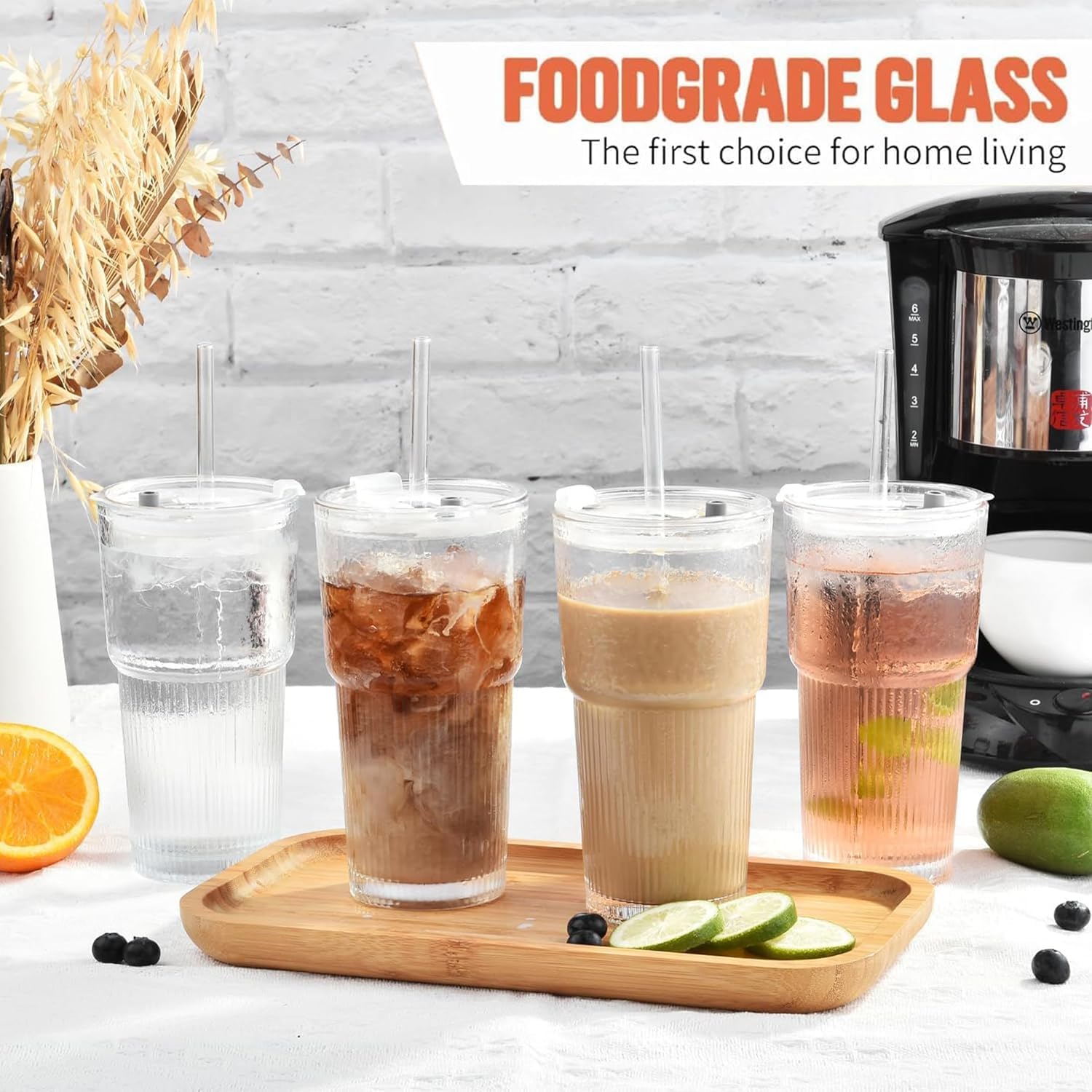 ALINK 20oz Glass Tumblers with Lids and Straws, Set of 4 - Stylish Ribbed Design Drinking Glasses for Iced Coffee Cups, Juice, Smoothies, Cold Beverages, Includes Cleaning Brush, Durable Glassware - Image 6