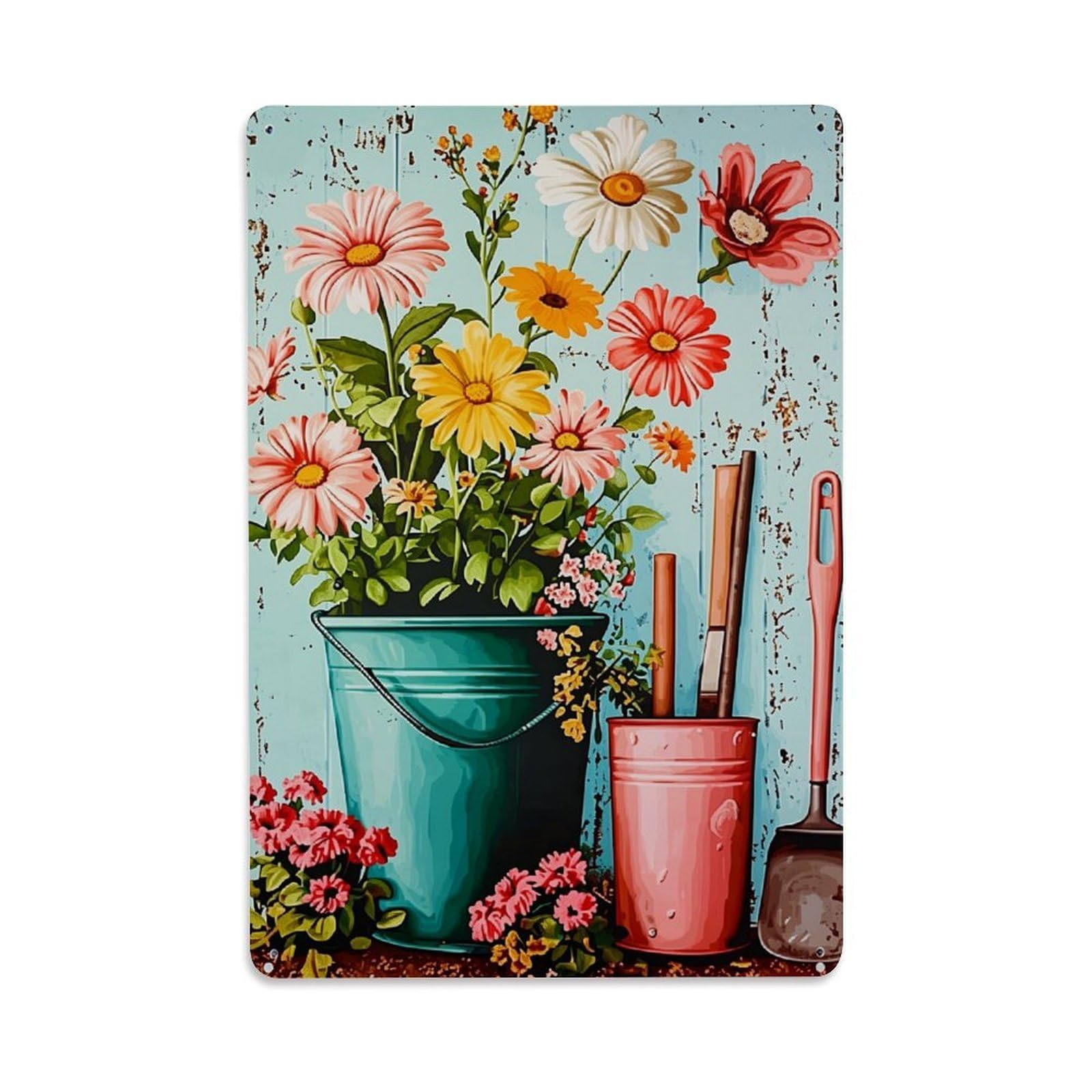 Floral Garden Bucket Tools Retro Metal Tin Sign, Vintage Decor Art Poster for Bar, Home, Man Cave, Kitchen, Laundry Room Gift 8x12Inch