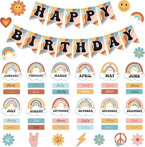 Juego de 85 tableros de buletin retro para el aula, diseño de arcoíris Groovy, calendario con punta de pegamento para decoración de pared de