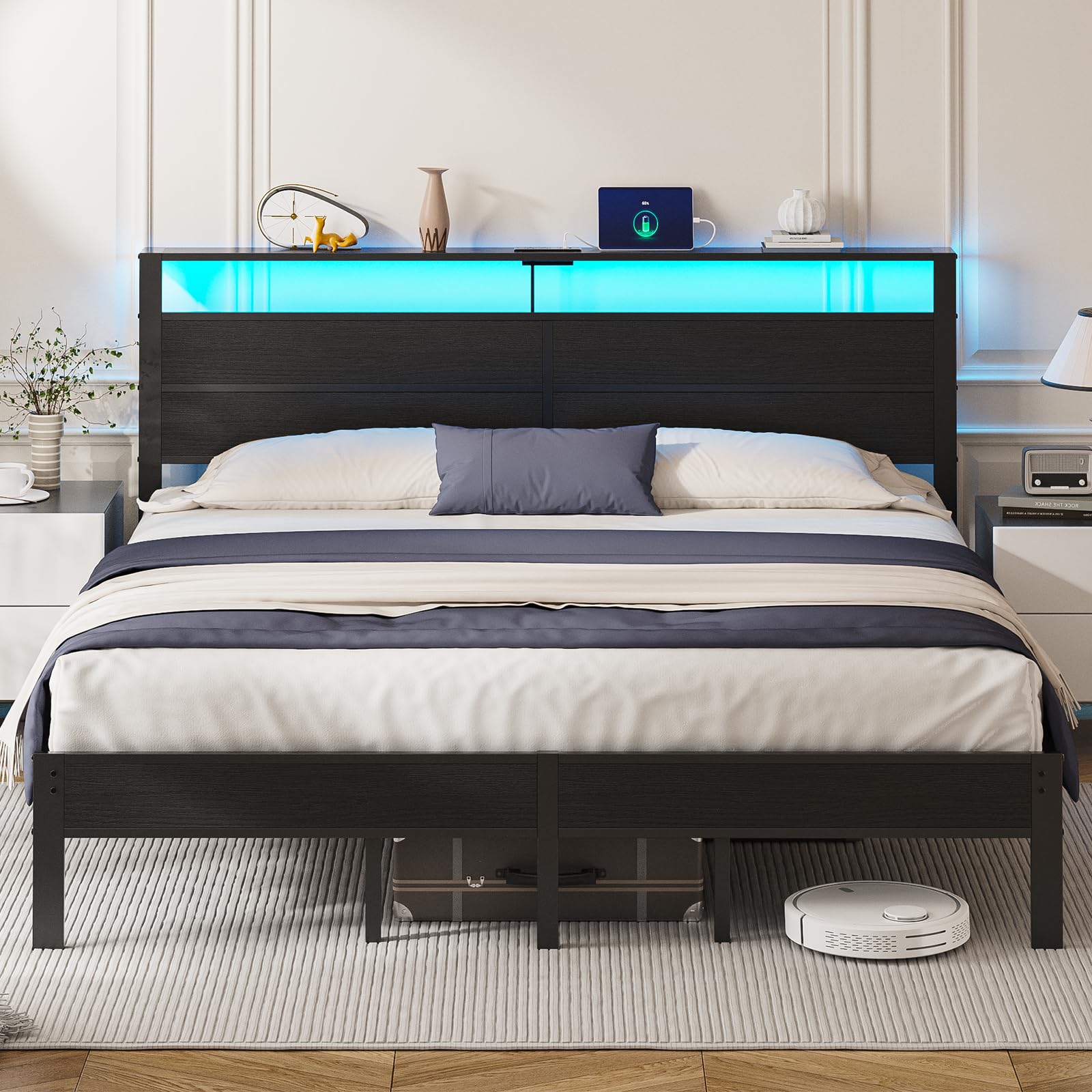 Photo 1 of Kbun King Size Bed Frame with LED Lights & Charging Station, Black Metal Platform Bed with Wood Headboard and Sturdy Slats, No Box Spring Needed