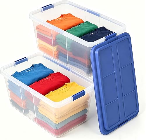 Paquete de 2 contenedores apilables de plástico transparente de 113 cuartos de galón, con pestillos de bloqueo, color azul humo, ideal