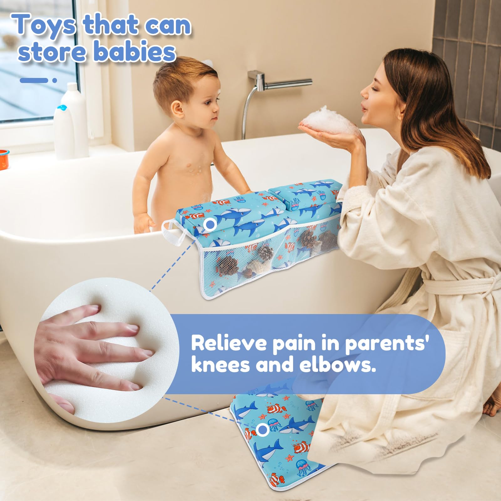 Ghshanog 2Pcs Baby Bath Kneeler and Elbow Rest Pad Set,Bath Kneeling Pad Baby with 4 Organizer Pockets,Comfortable Foam Bath Kneeling Pad, Non-Slip Bath Tub Elbow Cushion for Toddler Kids (Blue) - Image 2