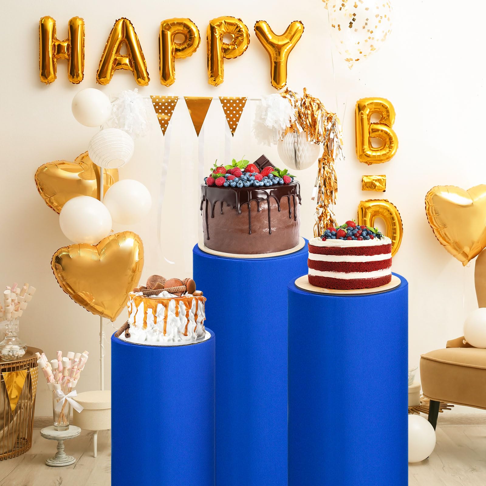 QUARKZMAN Juego De 5 Fundas Para Soporte Cilíndrico De Spandex Azul Zafiro, Funda Para Soporte De Pedestal Para Decoración De Fiestas, Solo Contiene Fundas Cilíndricas (Tela Elástica)