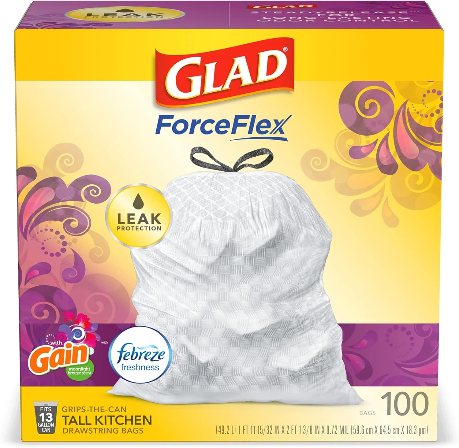 Glad ForceFlex Tall Kitchen Drawstring Trash Bags 13 Gallon