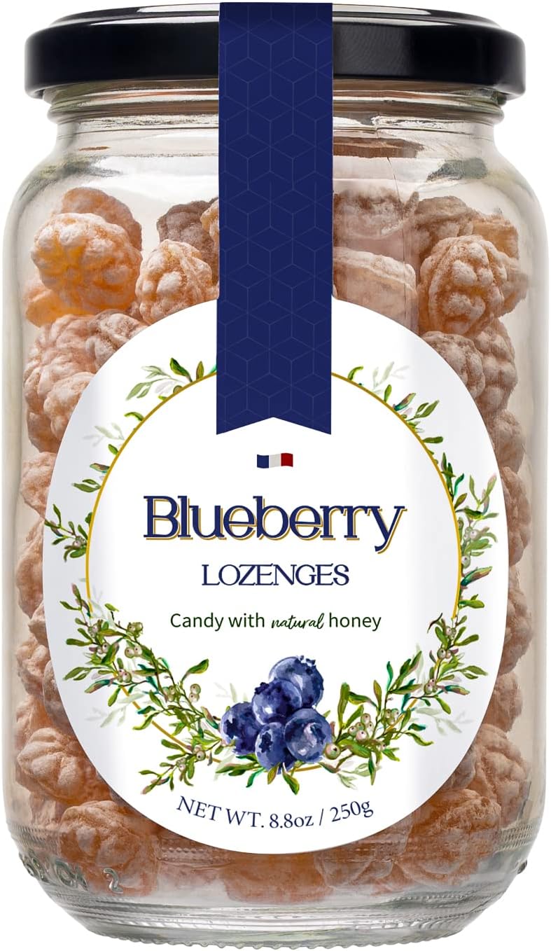Gourmanity Blueberry Flavor Honey Lozenges Made with Real Honey and Natural Blueberry Flavor, Luxury French Honey Candy, Great Soothing Throat Lozenges, 8.8oz Jar