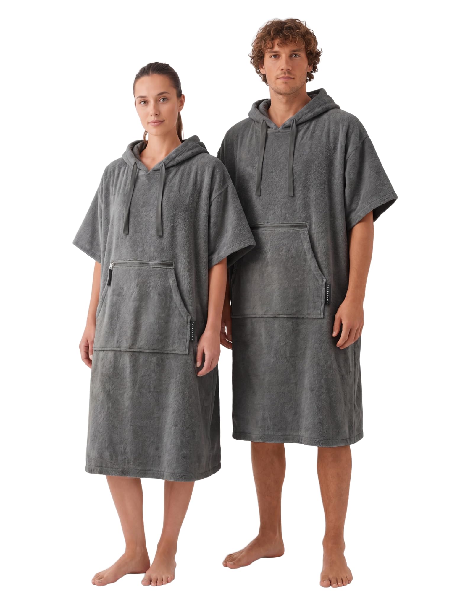 Strandponcho für Damen, Herren & Kinder – Badeponcho aus 100% Baumwolle, Surfponcho zum Umziehen mit Kapuze & Tasche für Strand, Sauna & Pool, Dunkelgrau, S/M