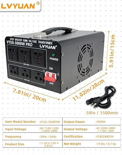 Miniatura 8 de LVYUAN Convertidor de voltaje de 5000 vatios, convertidor de voltaje resistente, elevadorabajo, CA de 110 V120 V220 V240 V con soporte cableado, 3