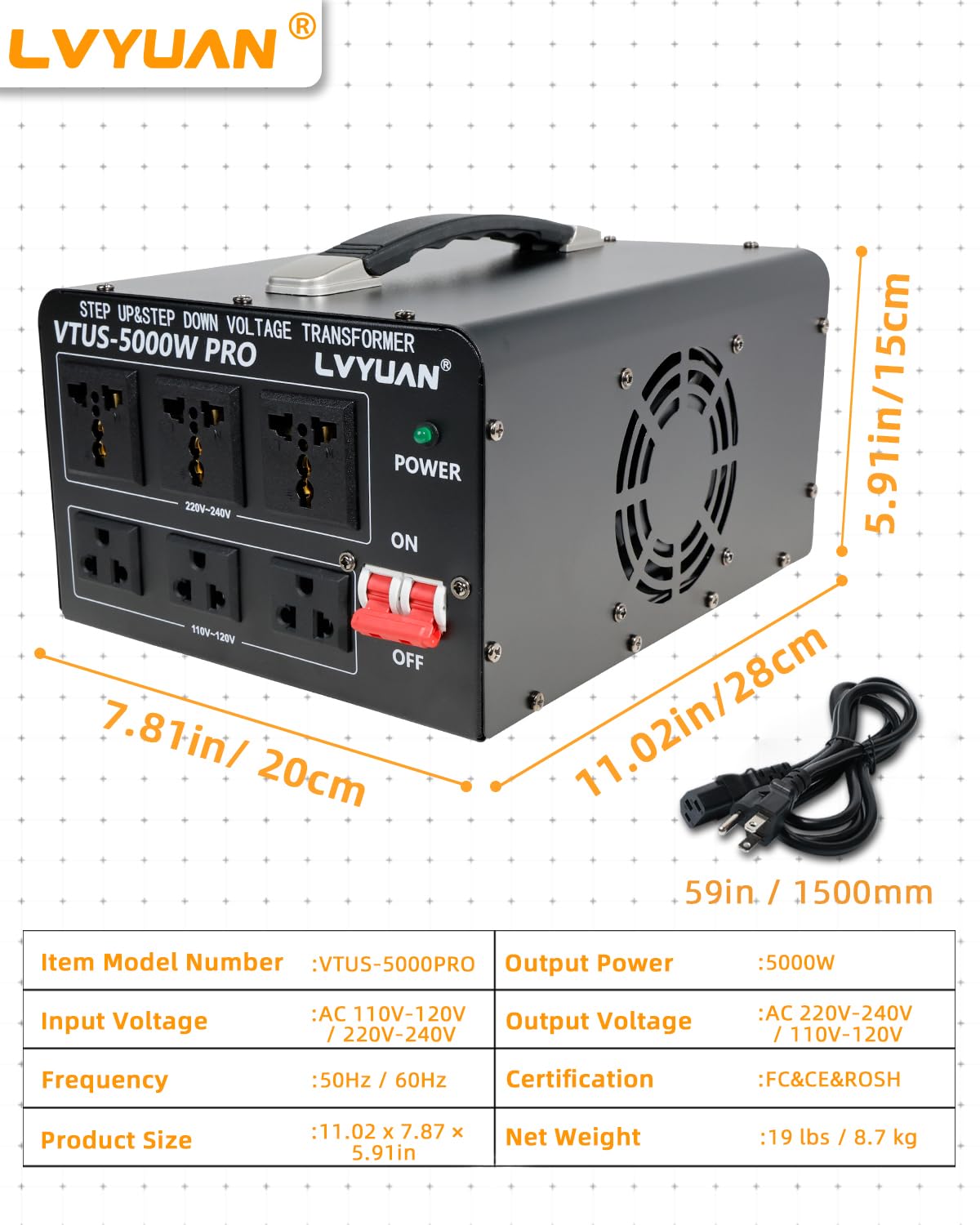 LVYUAN Convertitore di tensione da 5000 Watt, resistente, convertitore Step Up Step Down AC 110 V/120 V/220 V/240 V con cablaggio rigido