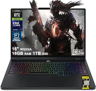 Lenovo Legion Pro 5 Gaming AI Laptop 16" WQXGA 2560x1600 OLED 165Hz Intel 20-core Ultra 7 255HX 16GB RAM 1TB SSD GeForce RTX 5070 DLSS4 Up to 798 AI Tops RGB Backlit Harman Wi-Fi7 Win11 ICP Hub