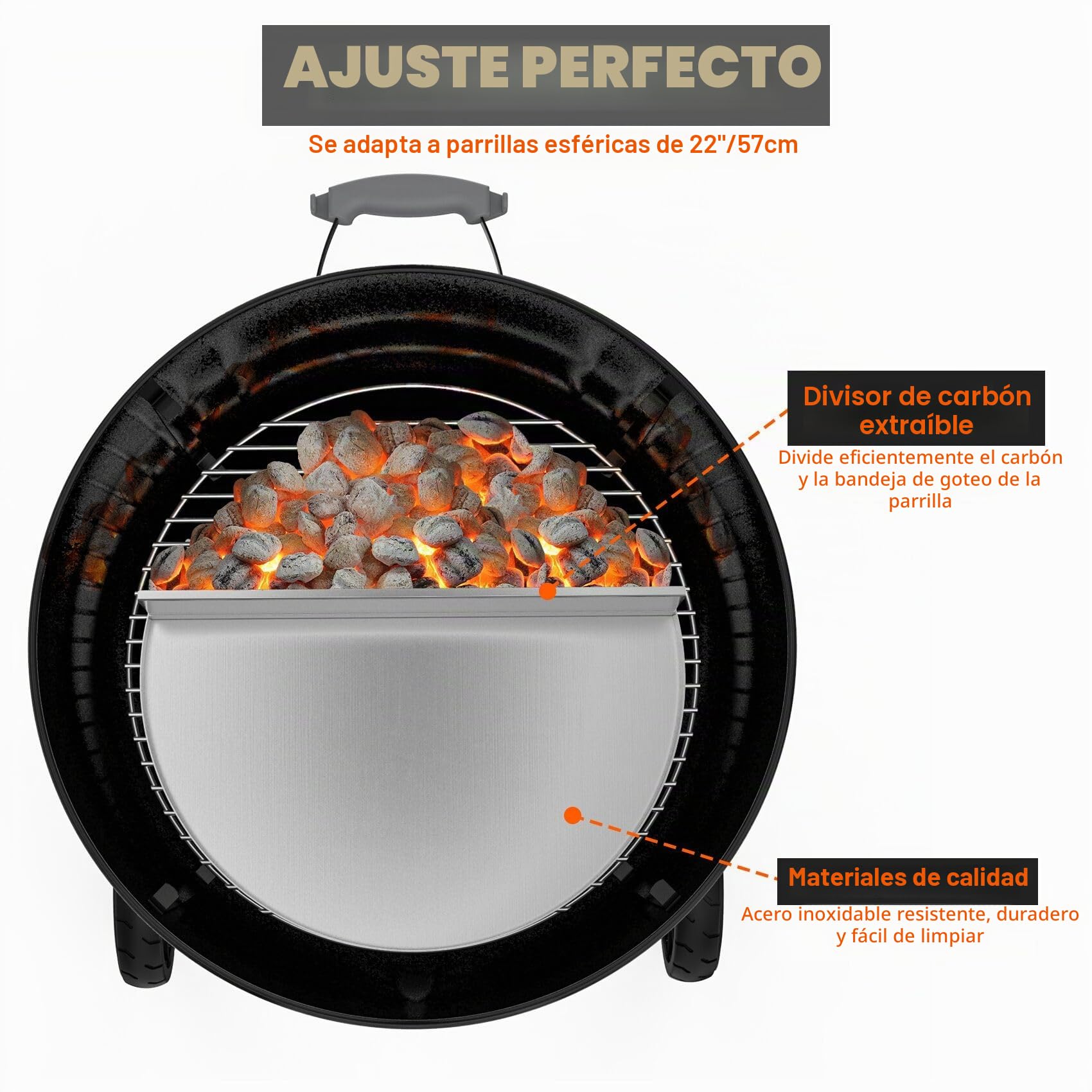 onlyfire Bandeja Recogegotas Semicircular con Separador de Carbón Extraíble para Parrilla de Carbón Weber 57 cm Kettle, Bandeja Recogegrasa de Acero Inoxidable, Calor Indirecto