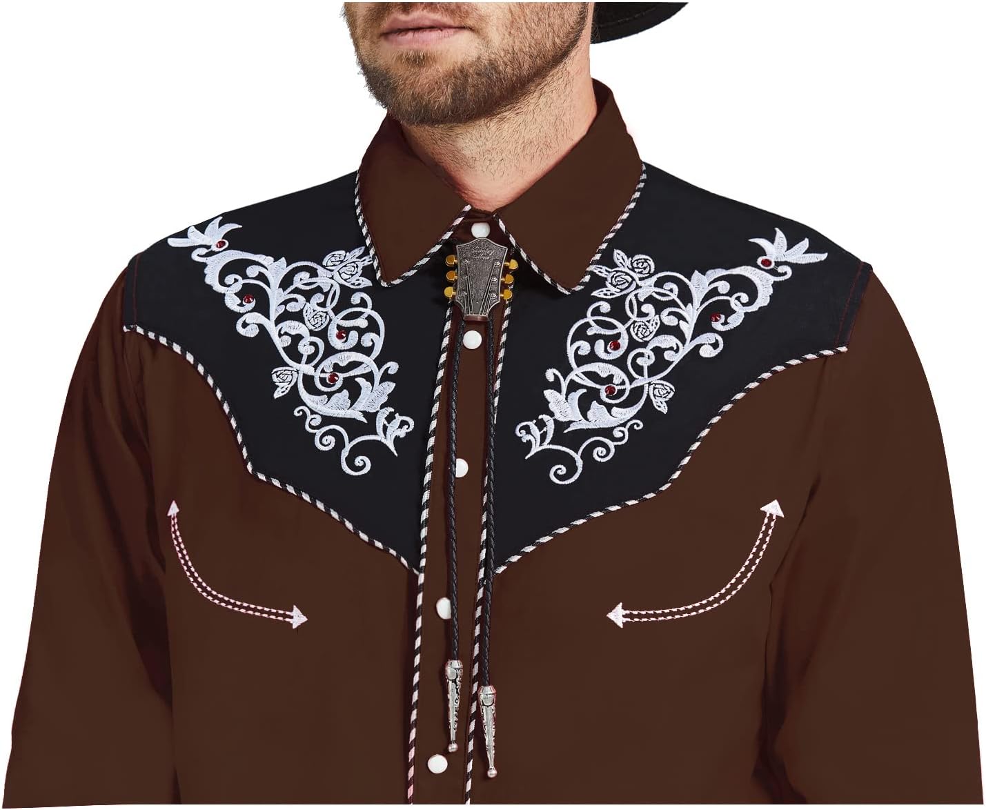 JoZorro Men's Long Sleeve Pearl Snap Shirt Rhinestone Cowboy Cut Western Embroidered Casual Button Down Shirt - Image 4