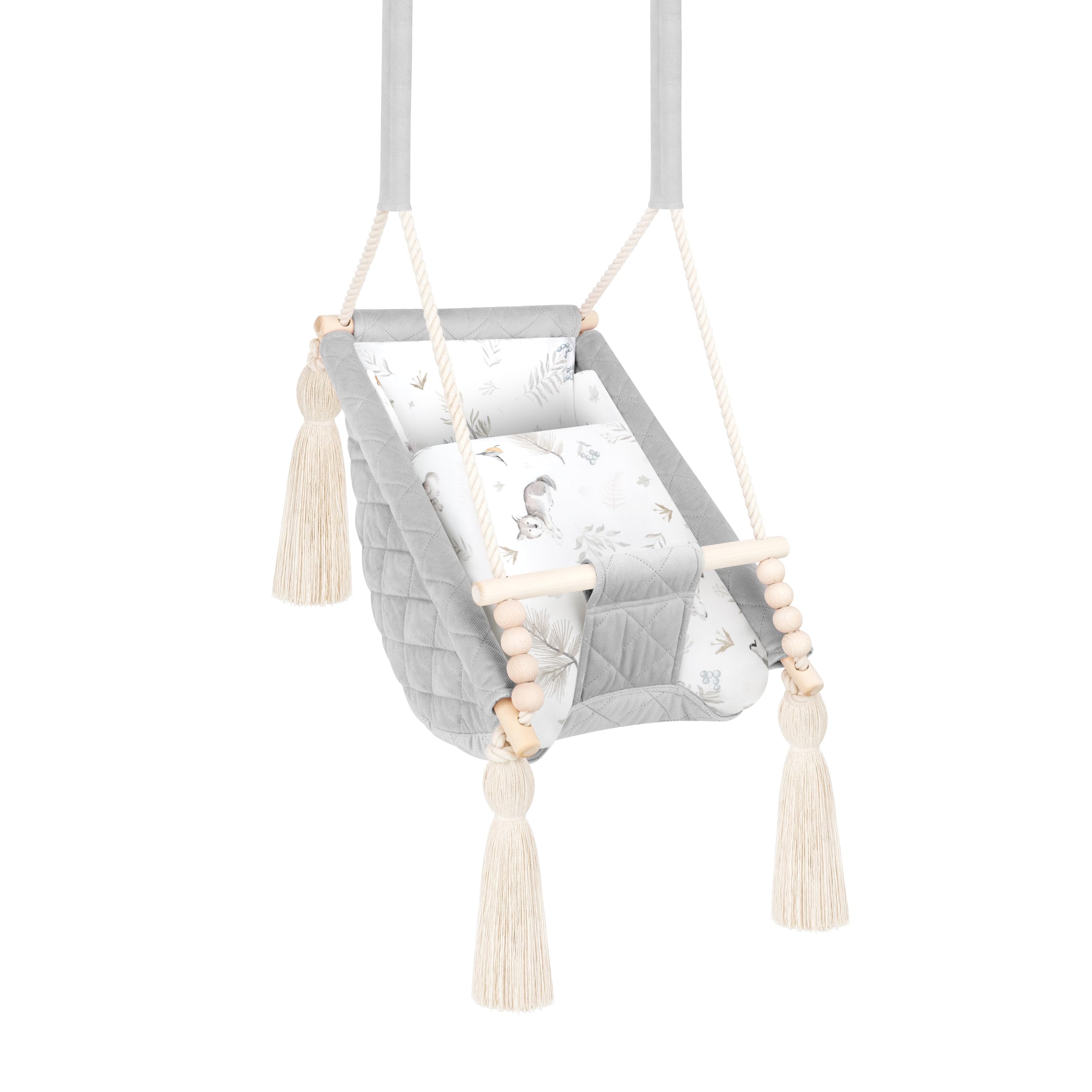 Altalena Bambino Grigio Chiaro Velluto, Amaca Interna 2m+, Personalizzabile con Nome Ricamato, Made in Europa, Sedile sospeso sicuro 25kg