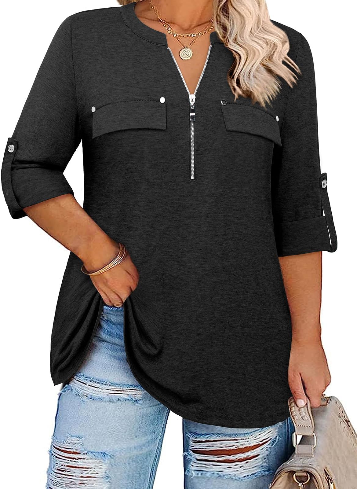Siddhe Women 3/4 Sleeve Plus Size Tunics Zip Front V-Neck Tops Casual Loose Fit T Shirt Blouse