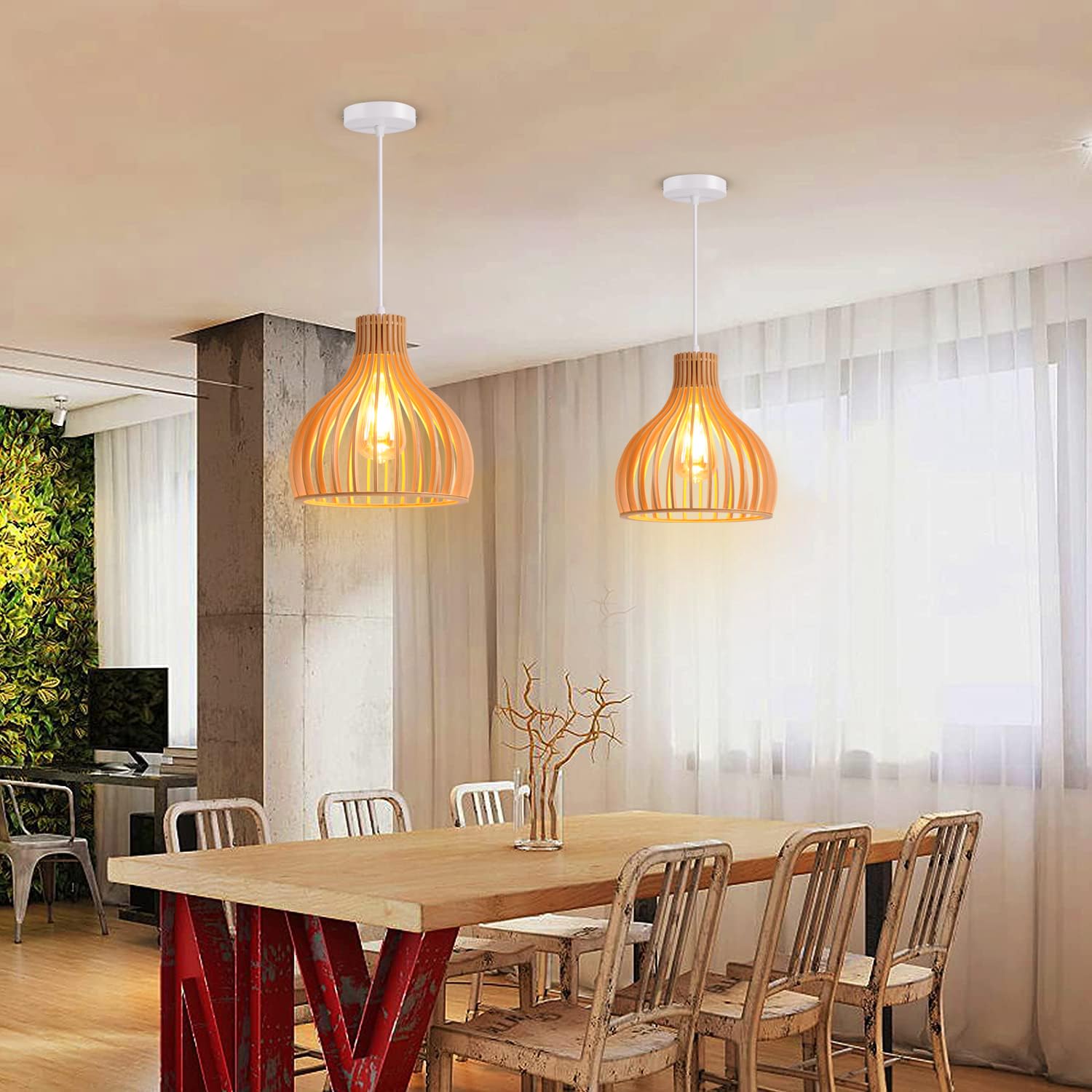 lampadario vintage legno, lampada a sospensione industriale dal design, lampada da soffitto retrò fatta a mano E27, altezza regolabile, soggiorno, sala da pranzo, camera, 60W, ø 23 cm, bianco