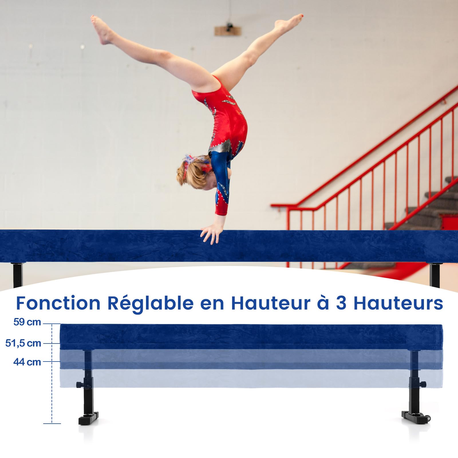 COSTWAY Poutre de Gymnastique de 226 cm, Barre de Gymnastique Hauteur Réglable à 3 Niveaux avec Pieds et Roues en Métal, Équipement d'Entraînement à Domicile pour Enfants Gymnastes