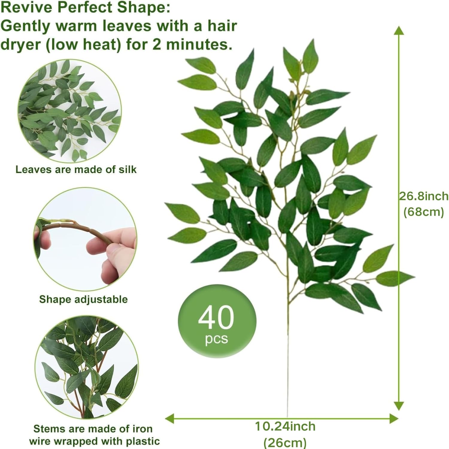 Eonflux 40pcs 68cm Artificial Ruscus Style Greenery Stems, Italian ruscus Greenery, Faux Greenery Garland for Wedding Arch Decor, Balloon Arch, Centerpieces, Home Floral Arrangements，Christmas Stems