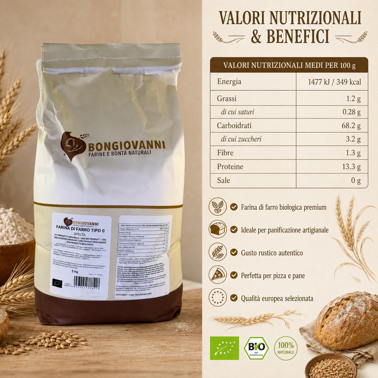 BONGIOVANNI Farine e Bontà Naturali Farina di Farro Spelta Tipo 0 Bio 5 kg – Gusto Delicato e Leggermente Nocciolato